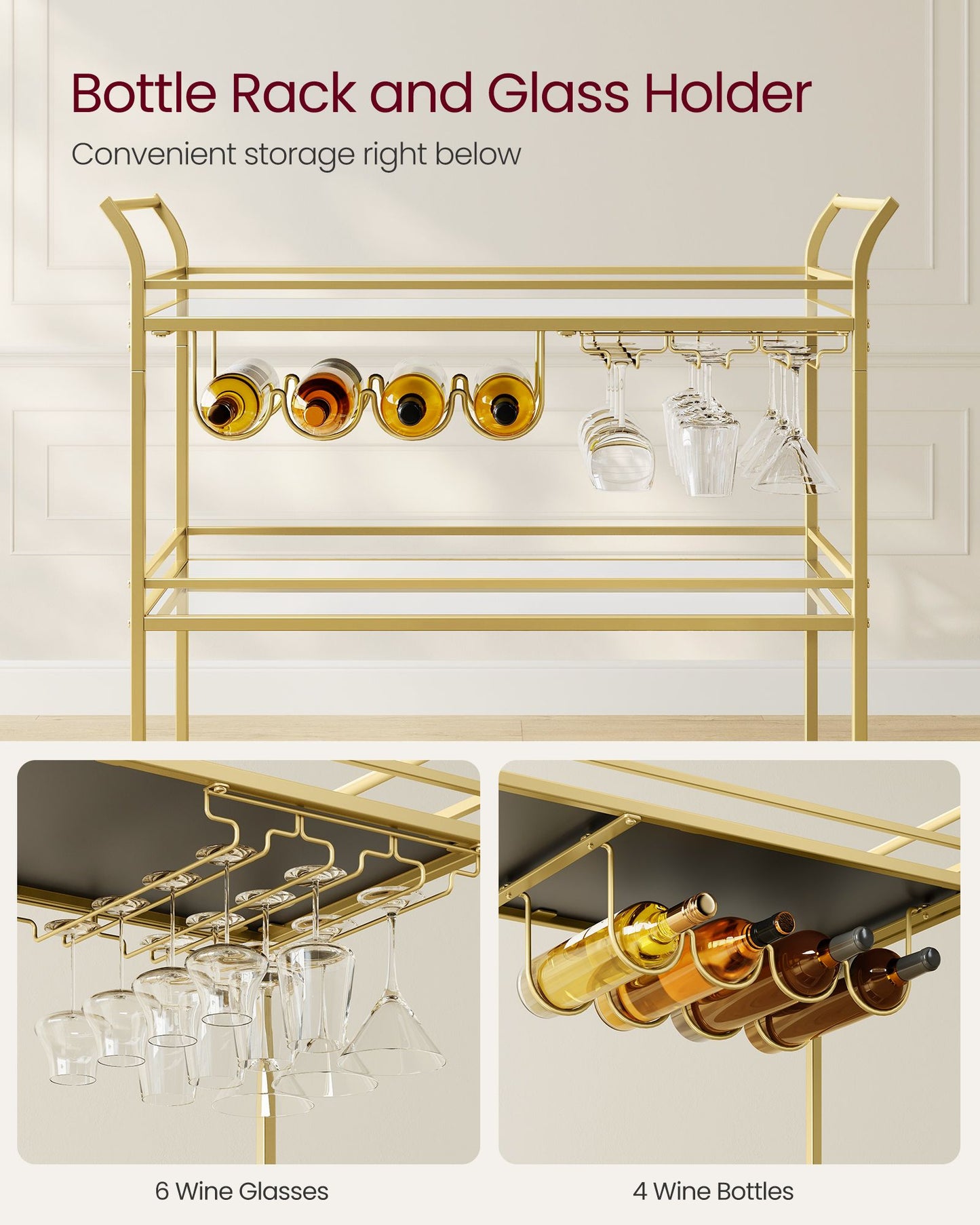 VASAGLE Bar Cart Gold, Large Home Bar Serving Cart with 3-Tier Mirrored Shelf, Wine Holders