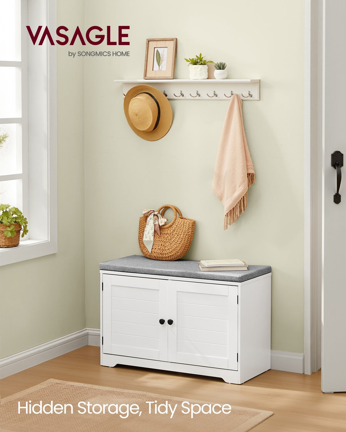 VASAGLE Shoe Storage Bench with Cushion, 3-Tier Entryway Bench with Padded Seat – Cloud White, Dove Gray
