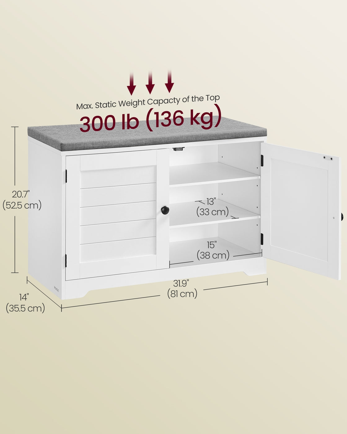 VASAGLE Shoe Storage Bench with Cushion, 3-Tier Entryway Bench with Padded Seat – Cloud White, Dove Gray