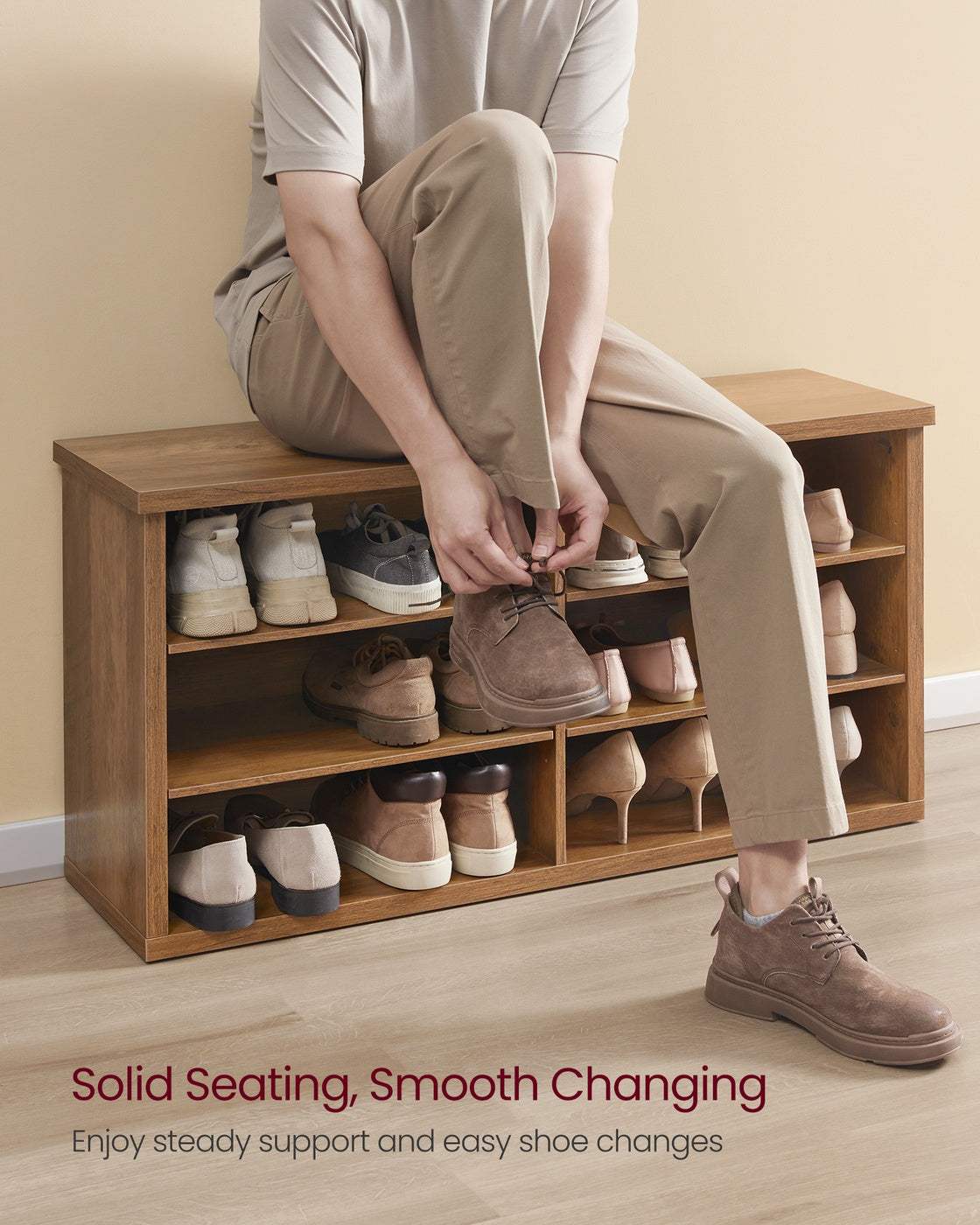 VASAGLE Liry Shoe Bench, 6-Compartment, 11.6 X 39.4 X 19.7 Inches, Honey Brown