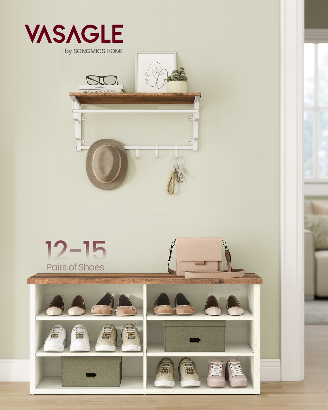 VASAGLE Liry Shoe Storage Bench Without Removable Cushion – Rustic White, Honey Brown