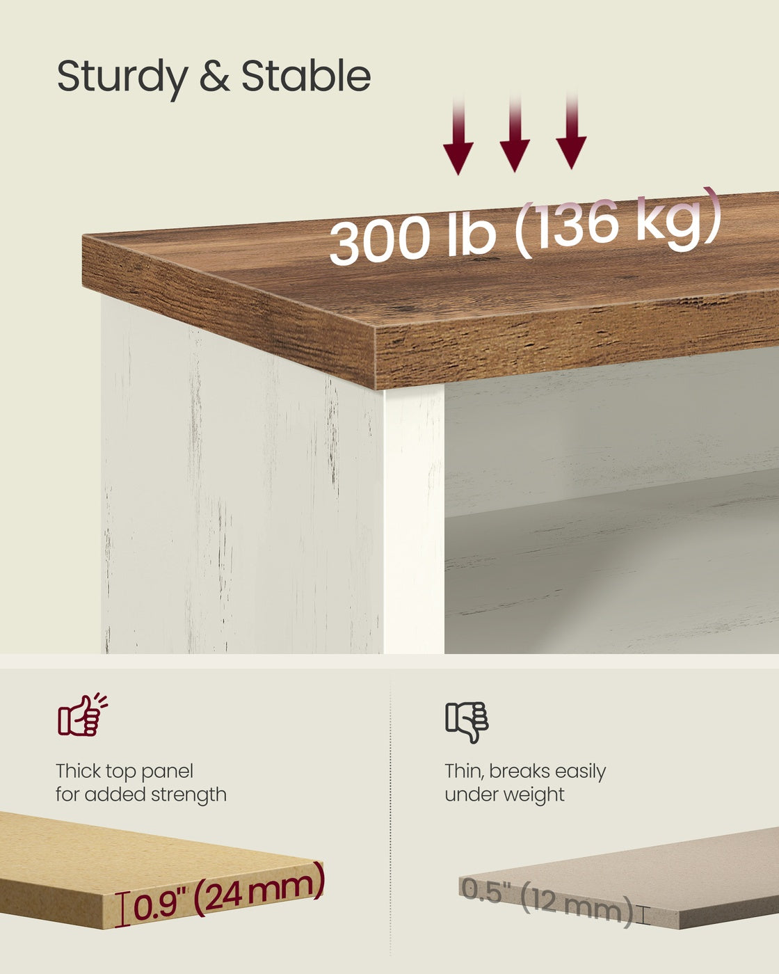 VASAGLE Liry Shoe Storage Bench Without Removable Cushion – Rustic White, Honey Brown