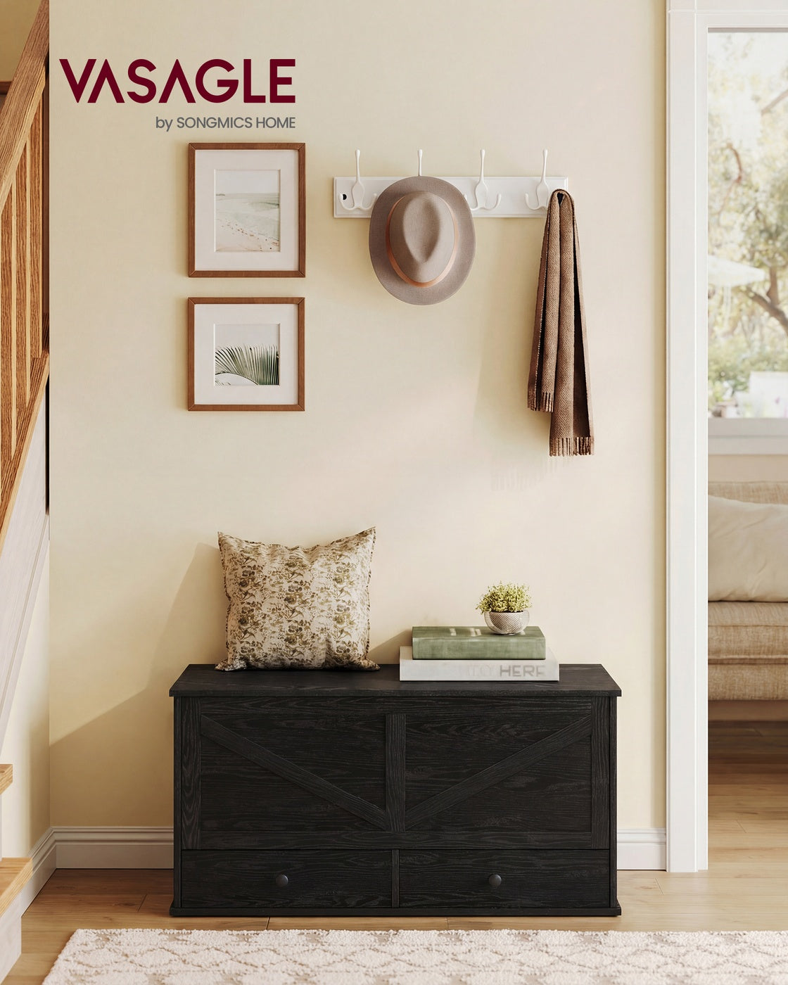 VASAGLE Farmhouse Storage Bench with Fabric Drawers – Ebony Black