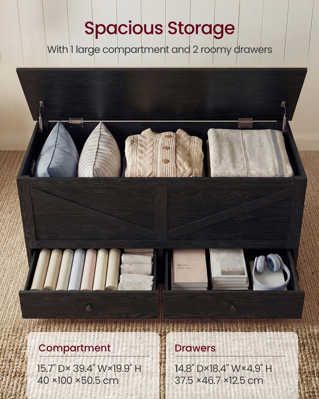 VASAGLE Farmhouse Storage Bench with Fabric Drawers – Ebony Black