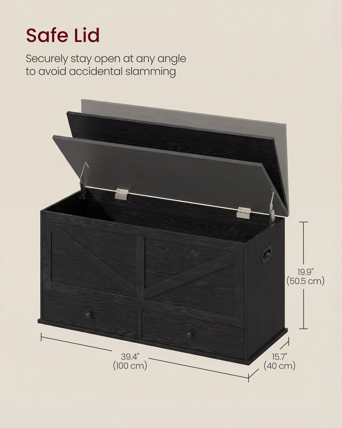 VASAGLE Farmhouse Storage Bench with Fabric Drawers – Ebony Black