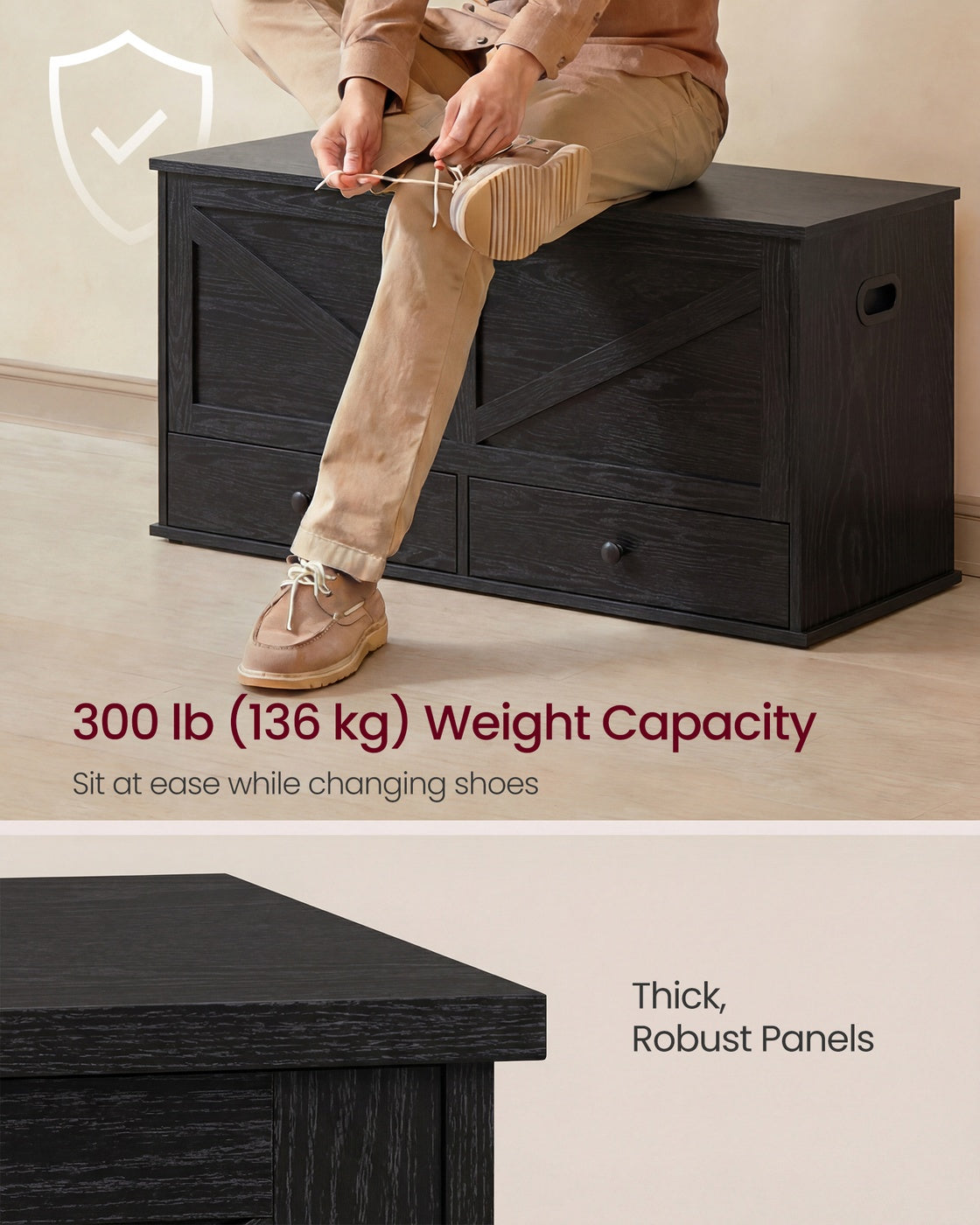 VASAGLE Farmhouse Storage Bench with Fabric Drawers – Ebony Black