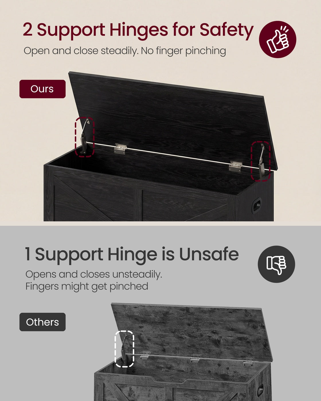 VASAGLE Farmhouse Storage Bench with Fabric Drawers – Ebony Black