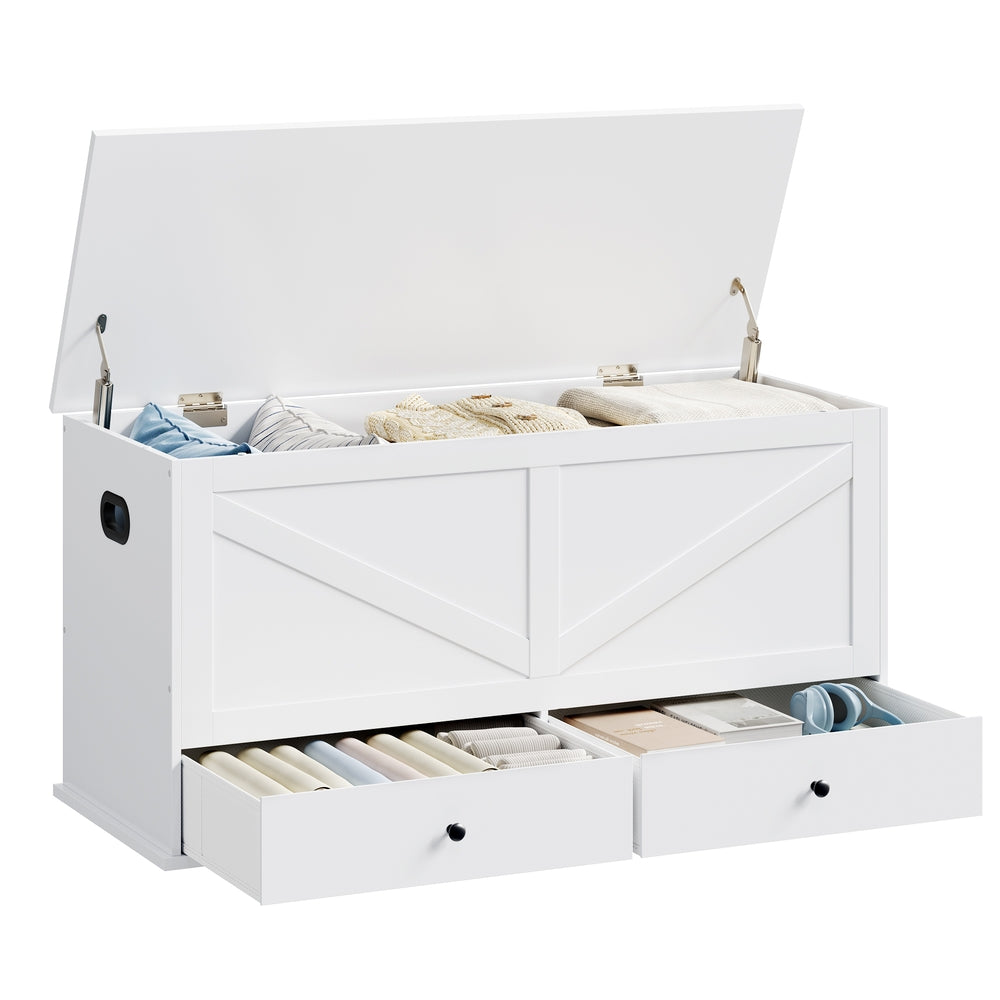 VASAGLE Farmhouse Storage Bench with Fabric Drawers – Cloud White