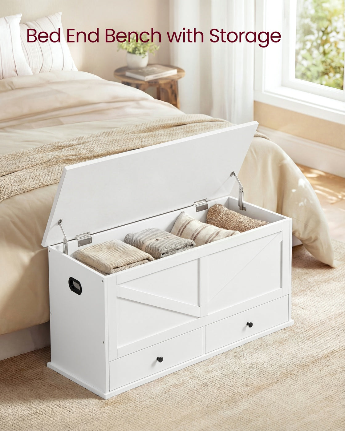 VASAGLE Farmhouse Storage Bench with Fabric Drawers – Cloud White