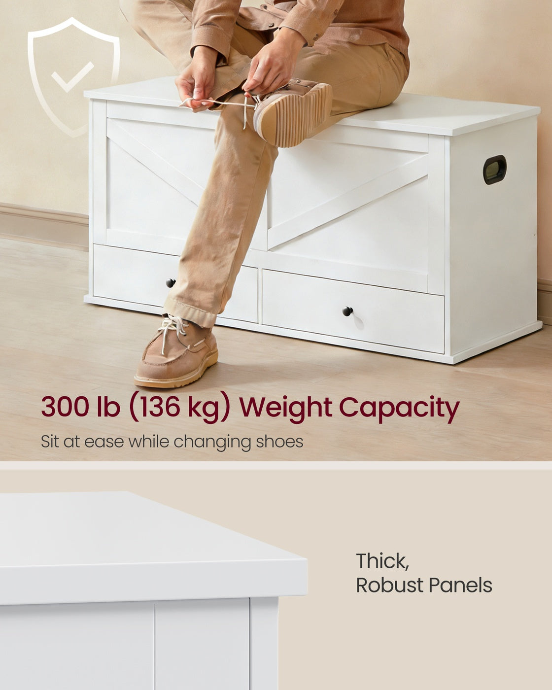 VASAGLE Farmhouse Storage Bench with Fabric Drawers – Cloud White