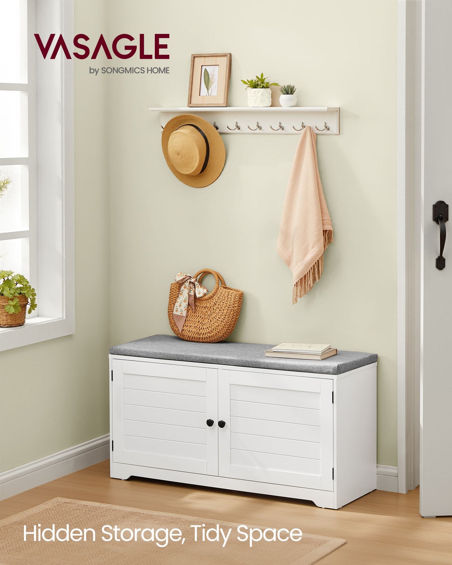 VASAGLE Shoe Storage Bench with Cushion, 3-Tier Entryway Bench with Padded Seat | ULSB044W01