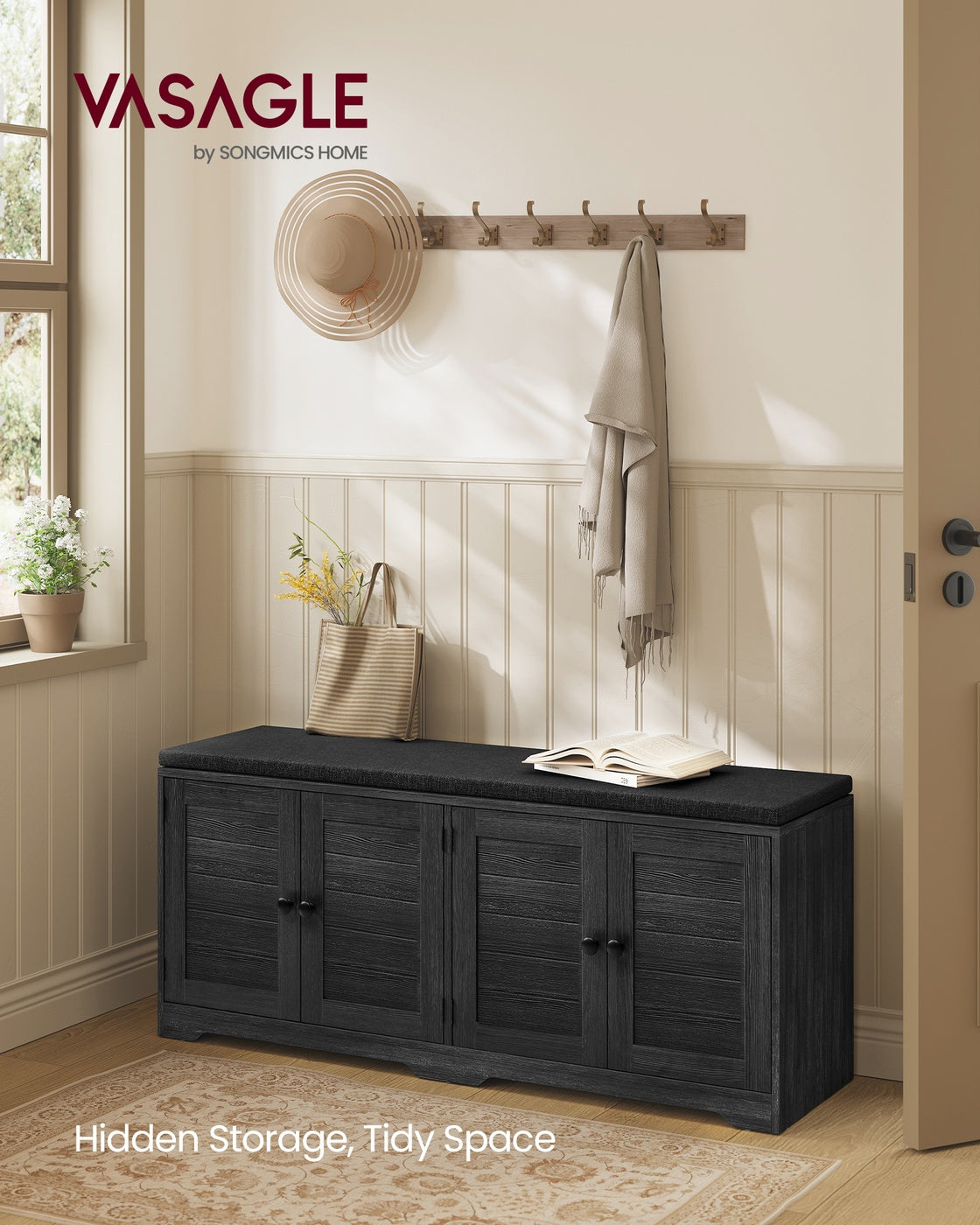 VASAGLE Shoe Storage Bench with Cushioned Seat, Doors and Adjustable Shelves – Charcoal Gray, Ink Black