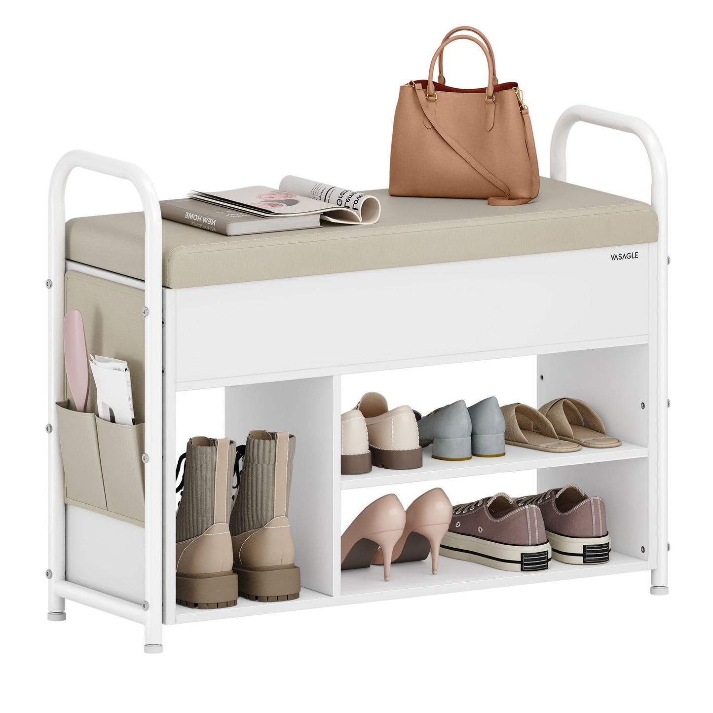 VASAGLE Shoe Bench, Shoe Rack, Entryway Furniture – Cloud White, Cuppuccino Beige