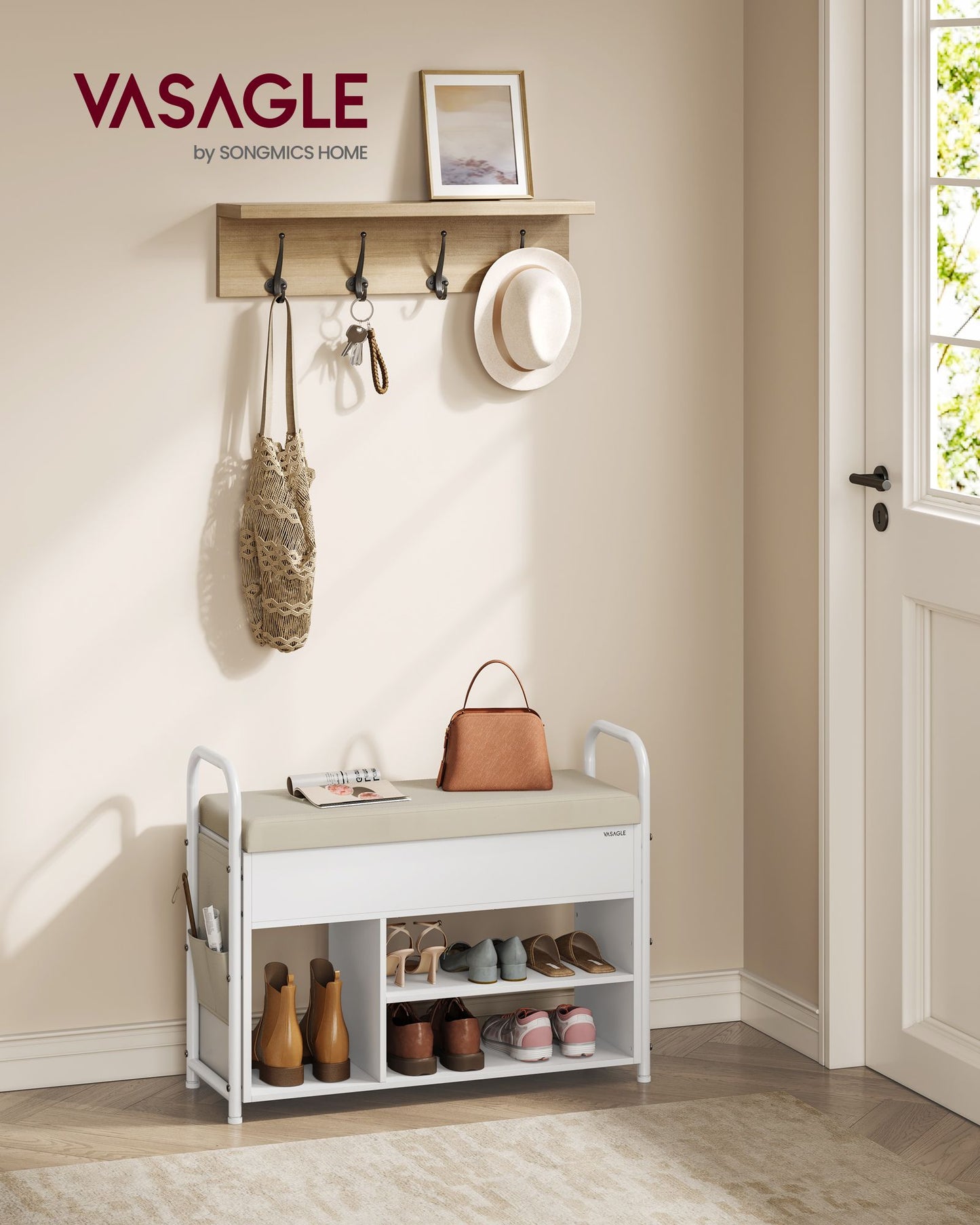 VASAGLE Shoe Bench, Shoe Rack, Entryway Furniture – Cloud White, Cuppuccino Beige