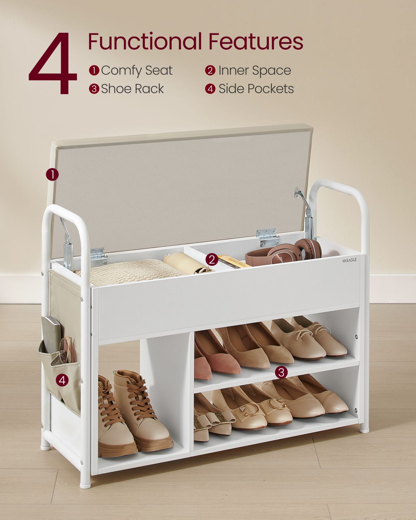 VASAGLE Shoe Bench, Shoe Rack, Entryway Furniture – Cloud White, Cuppuccino Beige