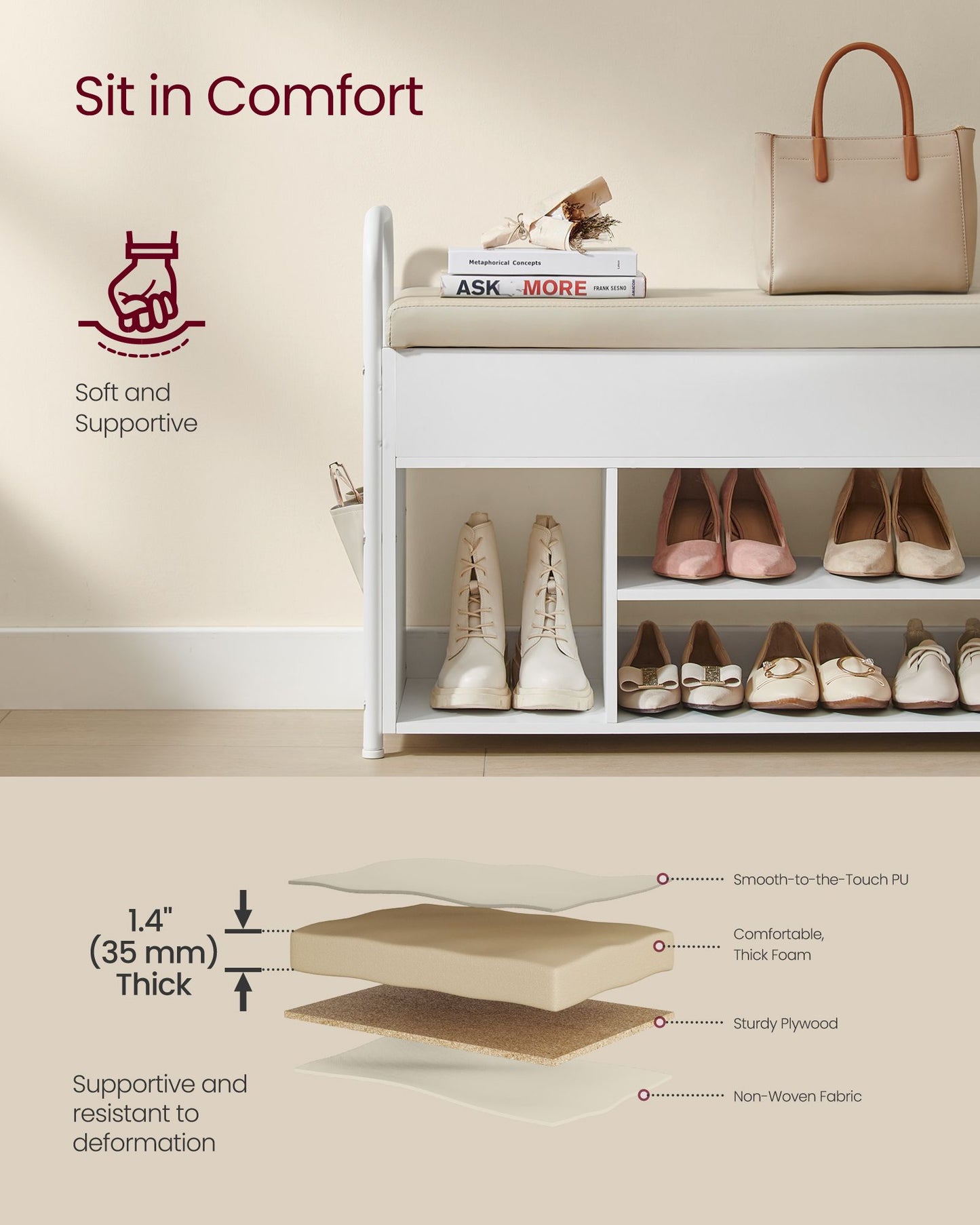 VASAGLE Shoe Bench, Shoe Rack, Entryway Furniture – Cloud White, Cuppuccino Beige