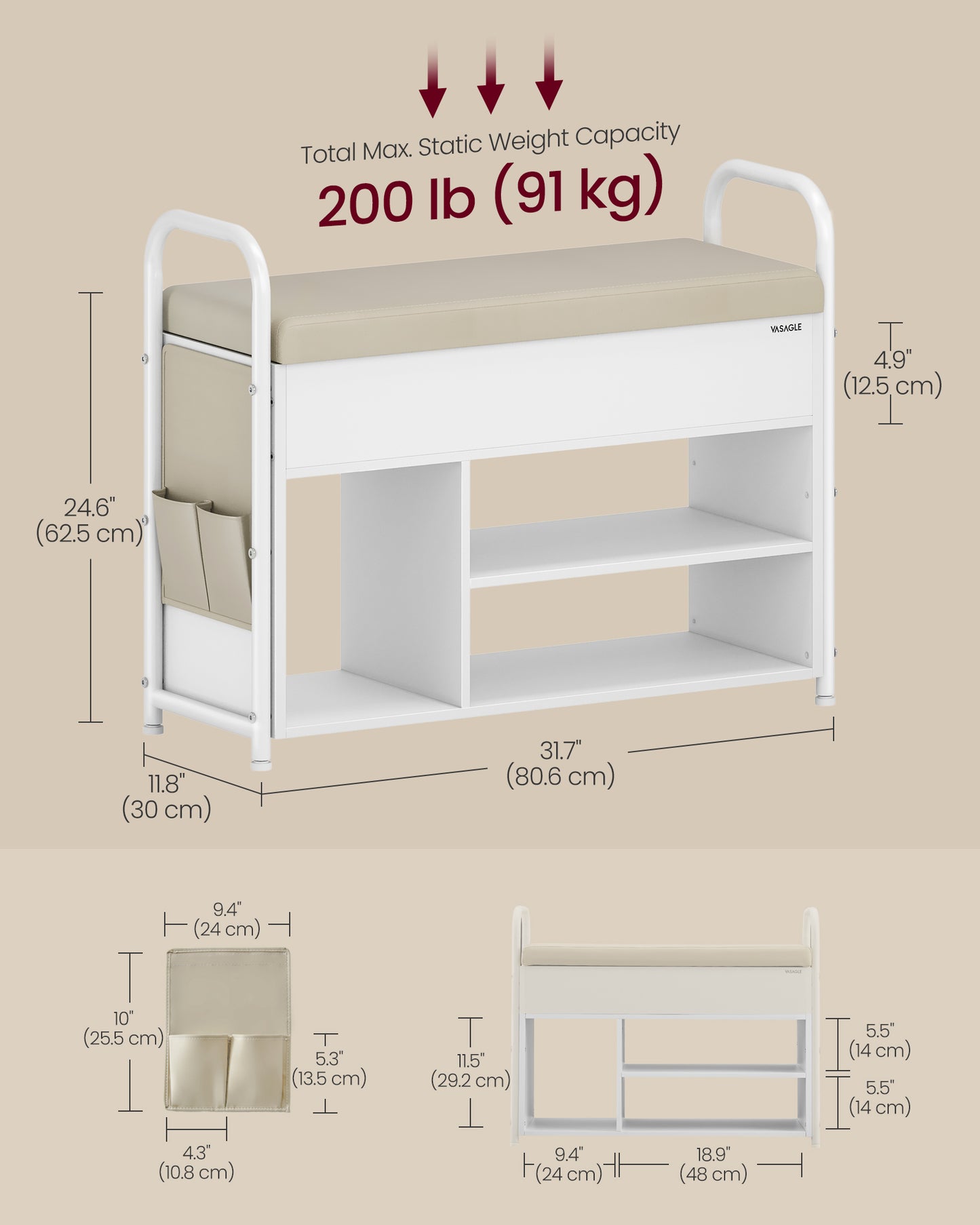 VASAGLE Shoe Bench, Shoe Rack, Entryway Furniture – Cloud White, Cuppuccino Beige