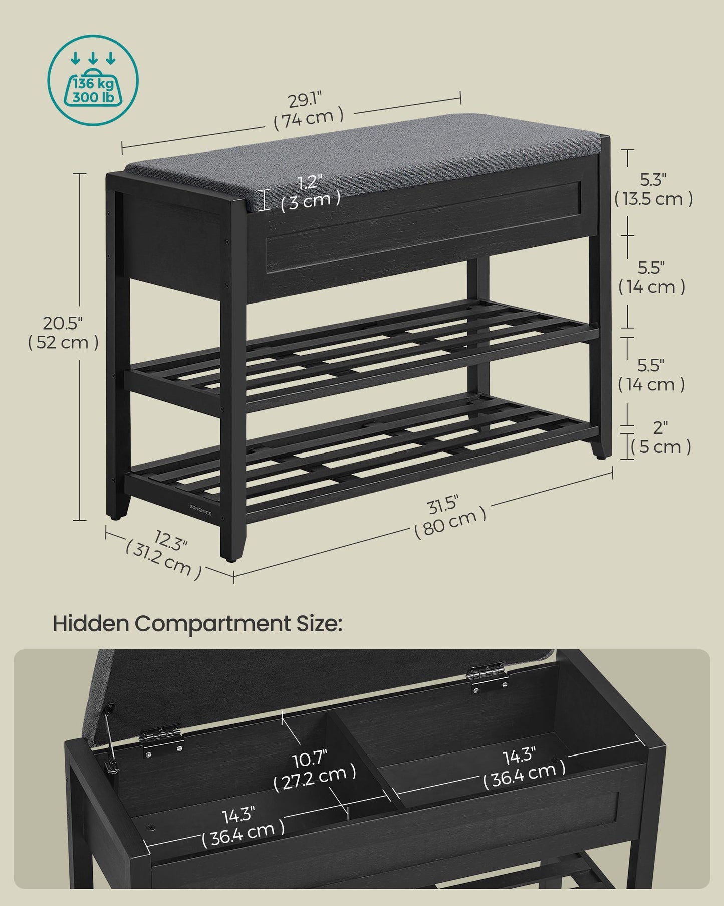 SONGMICS Storage Bench, Bamboo Shoe Rack, Entryway Furniture, 31.5 Inches Wide | ULSB056BH01