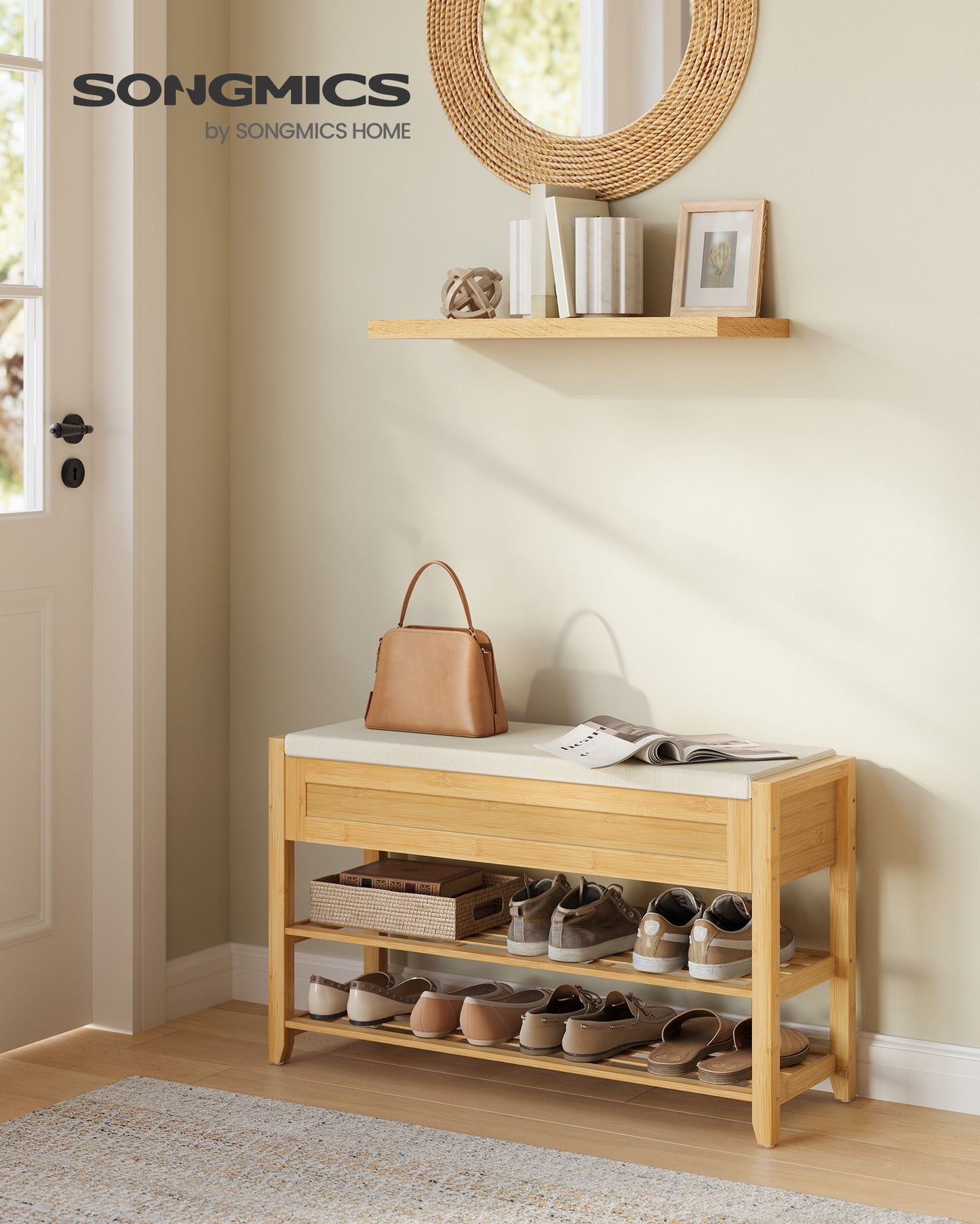 SONGMICS Storage Bench, Bamboo Shoe Rack, Entryway Furniture, 31.5 Inches Wide | ULSB056YL01