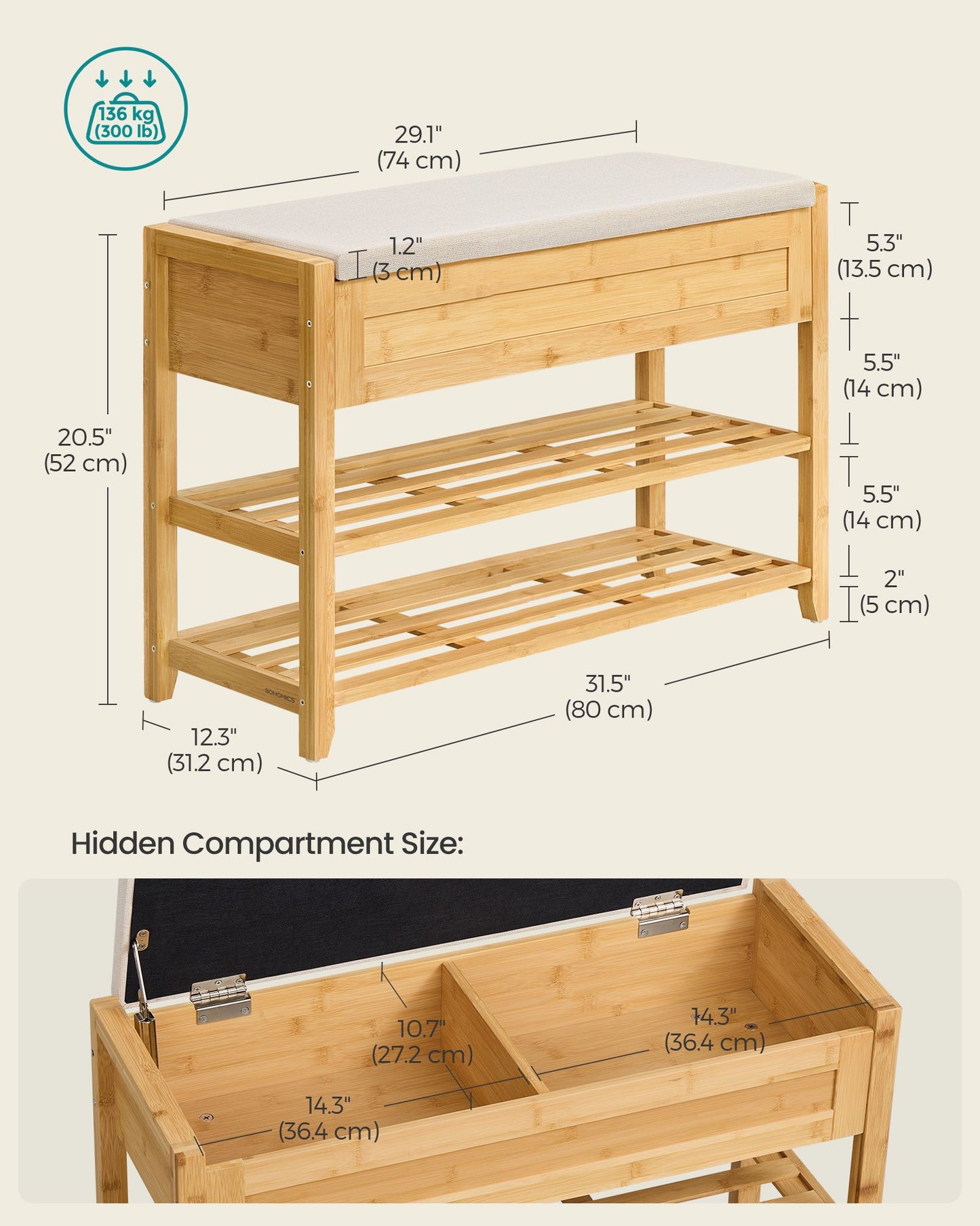 SONGMICS Storage Bench, Bamboo Shoe Rack, Entryway Furniture, 31.5 Inches Wide | ULSB056YL01