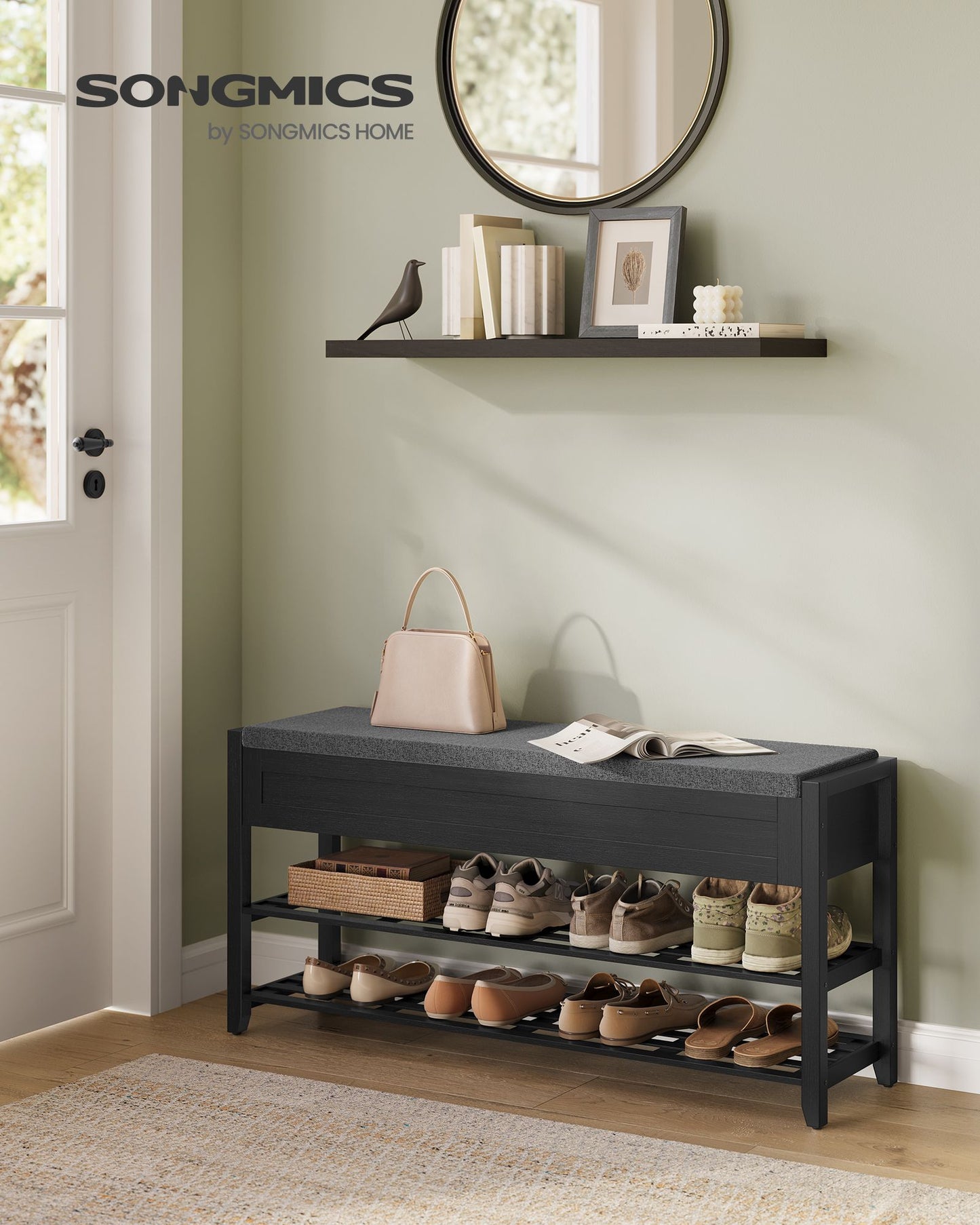SONGMICS Storage Bench, Bamboo Shoe Rack, Entryway Furniture, 39.4 Inches Wide | ULSB059BH01