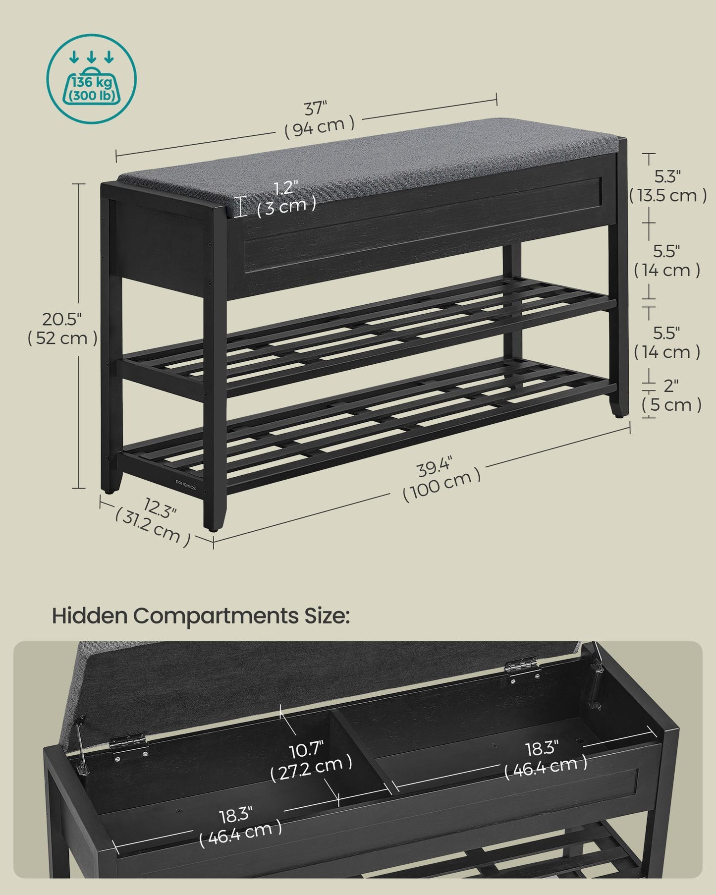 SONGMICS Storage Bench, Bamboo Shoe Rack, Entryway Furniture, 39.4 Inches Wide | ULSB059BH01