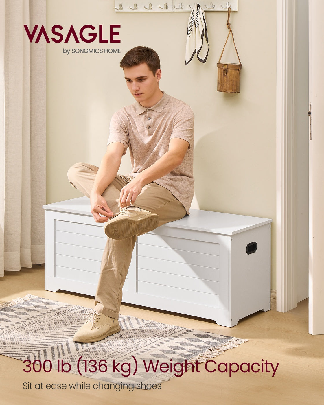 VASAGLE Storage Chest with 2 Safety Hinges – Cloud White