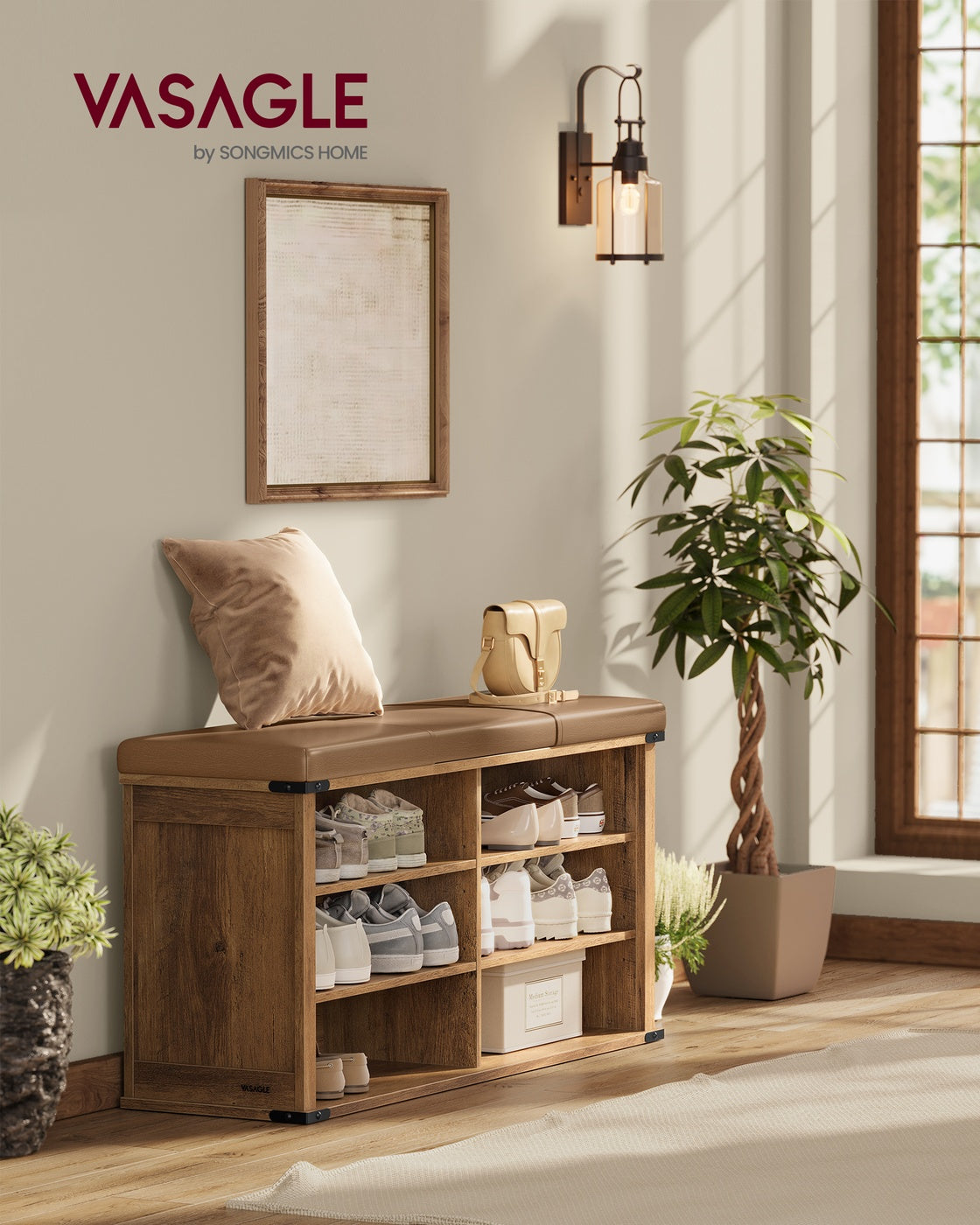 VASAGLE Liry Shoe Storage Bench with Removable Cushion – Honey Brown