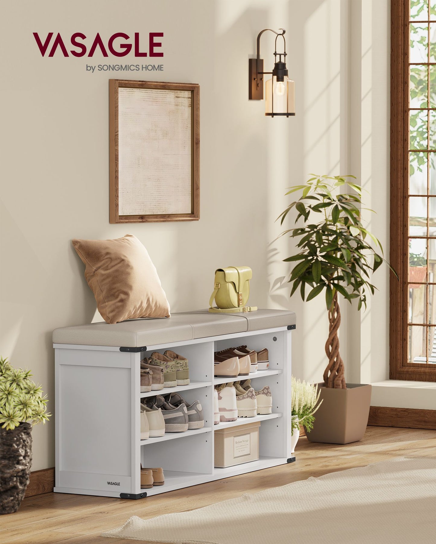 VASAGLE Shoe Storage Bench with Removable Cushion and Shelves – Cloud White