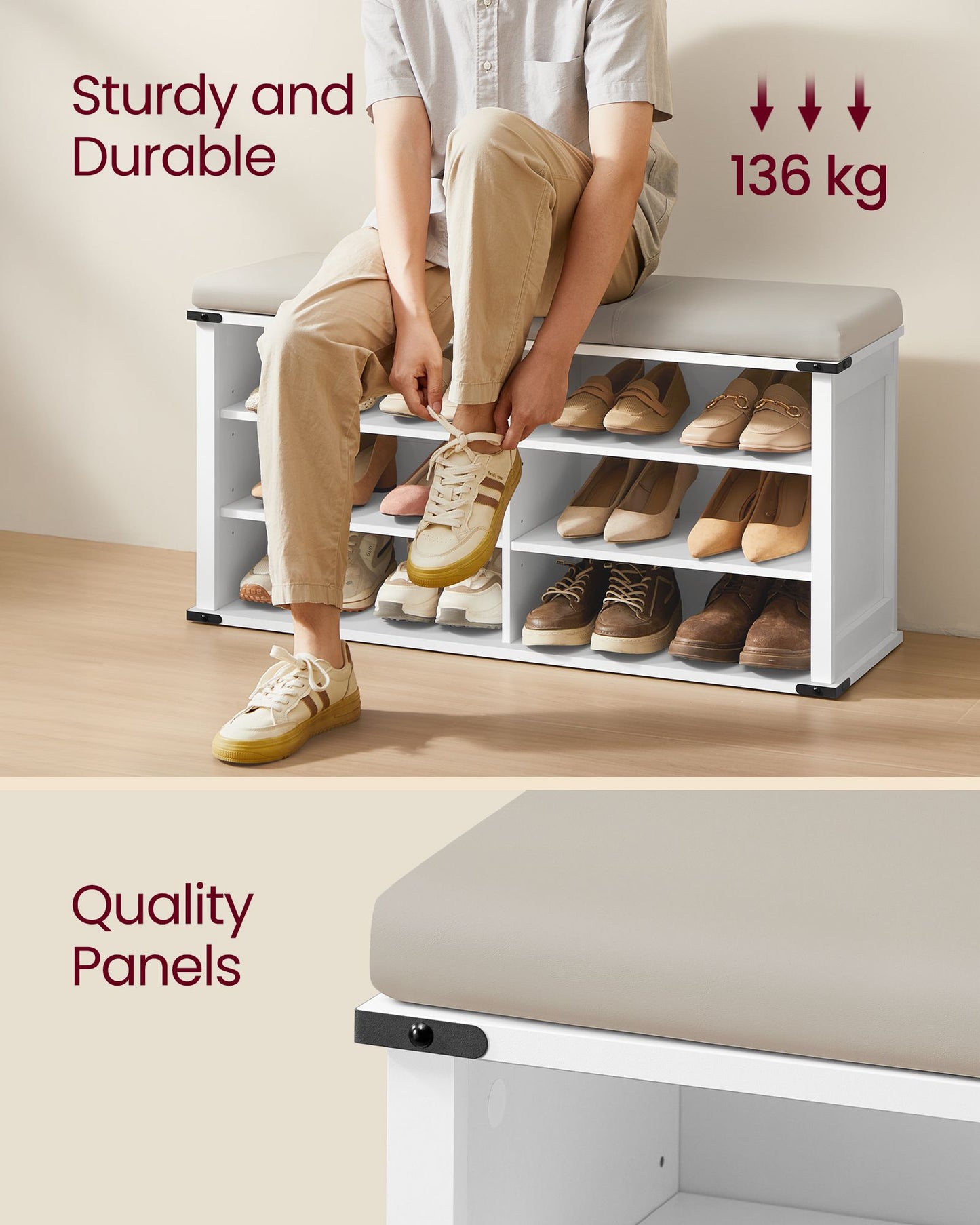 VASAGLE Shoe Storage Bench with Removable Cushion and Shelves – Cloud White