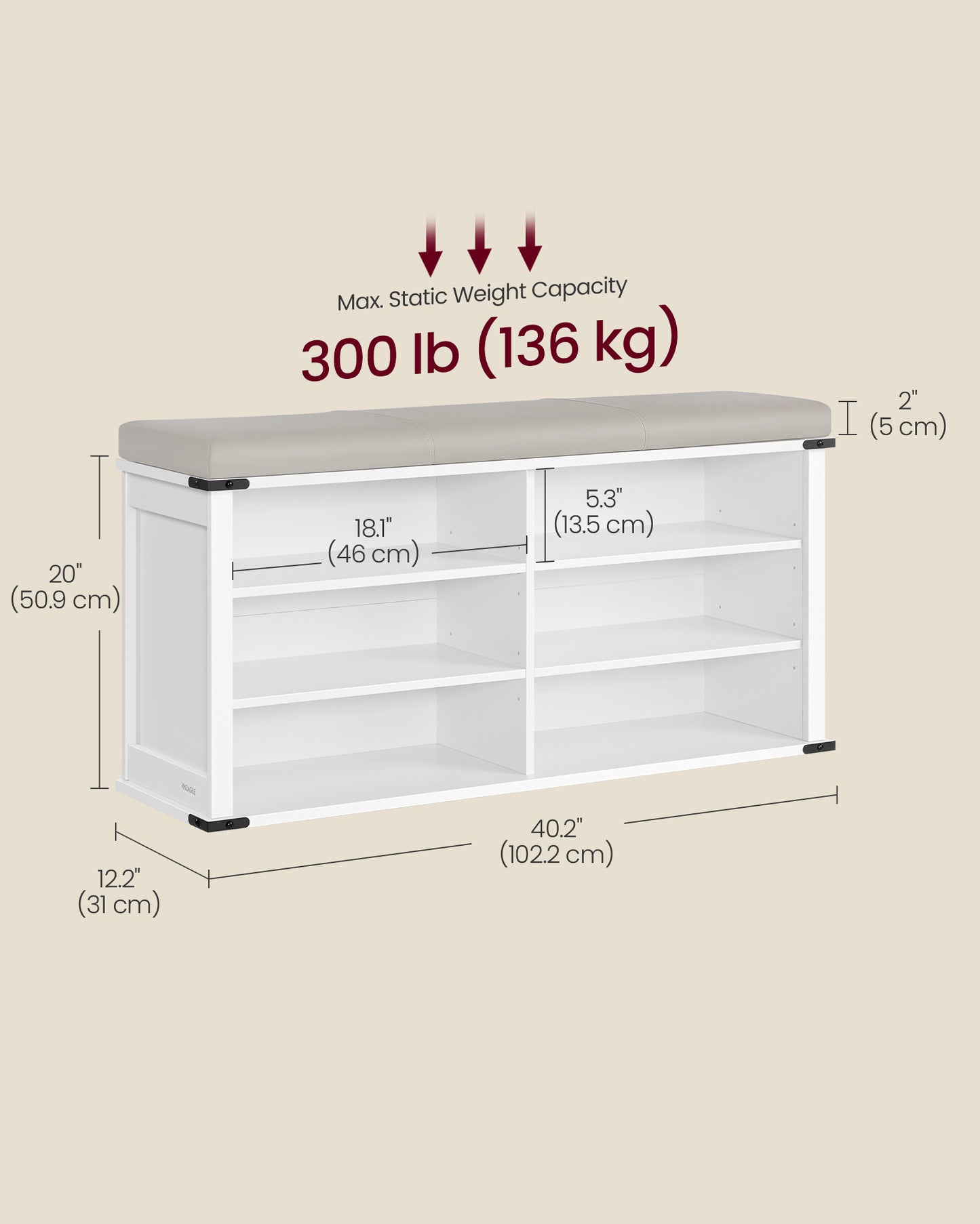 VASAGLE Shoe Storage Bench with Removable Cushion and Shelves – Cloud White