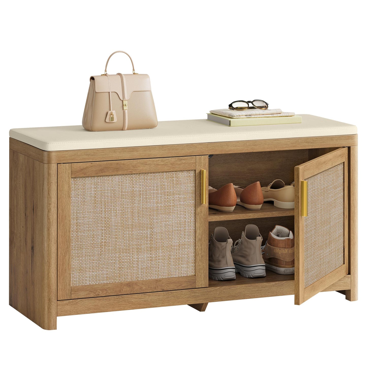 VASAGLE Boho Shoe Bench with Cushion, 2 Rattan-Look Cabinet Doors Entryway Storage Bench – Natural Brown