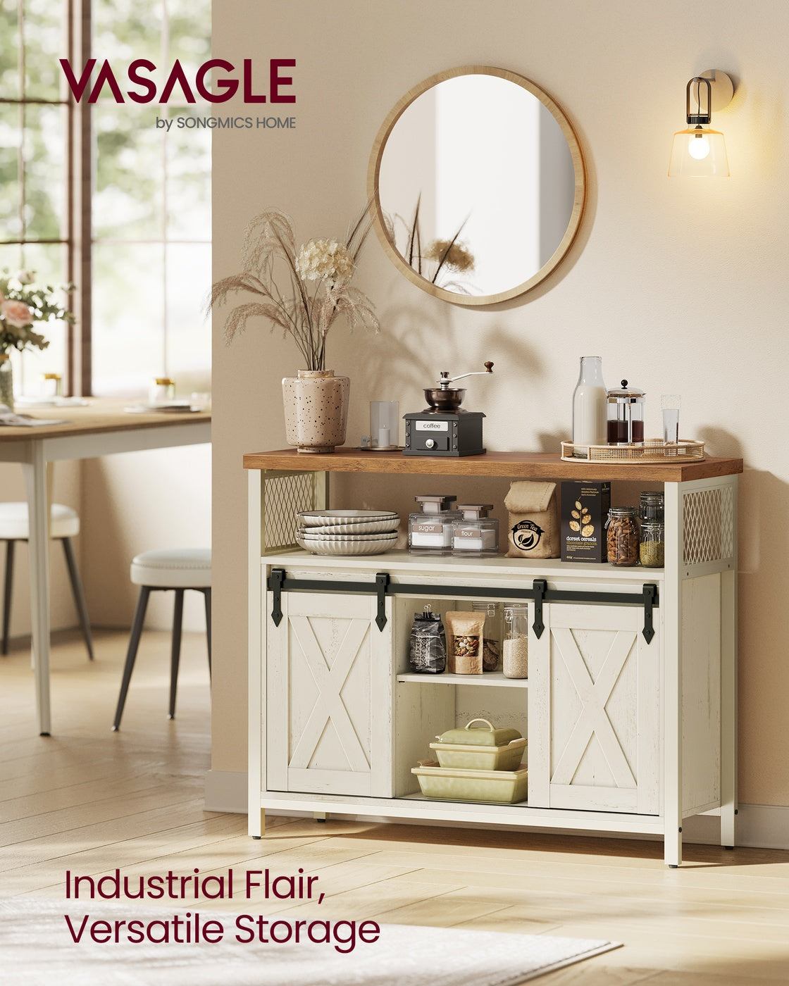 VASAGLE Buffet Cabinet, Coffee Bar Storage Cabinet – Rustic White, Honey Brown