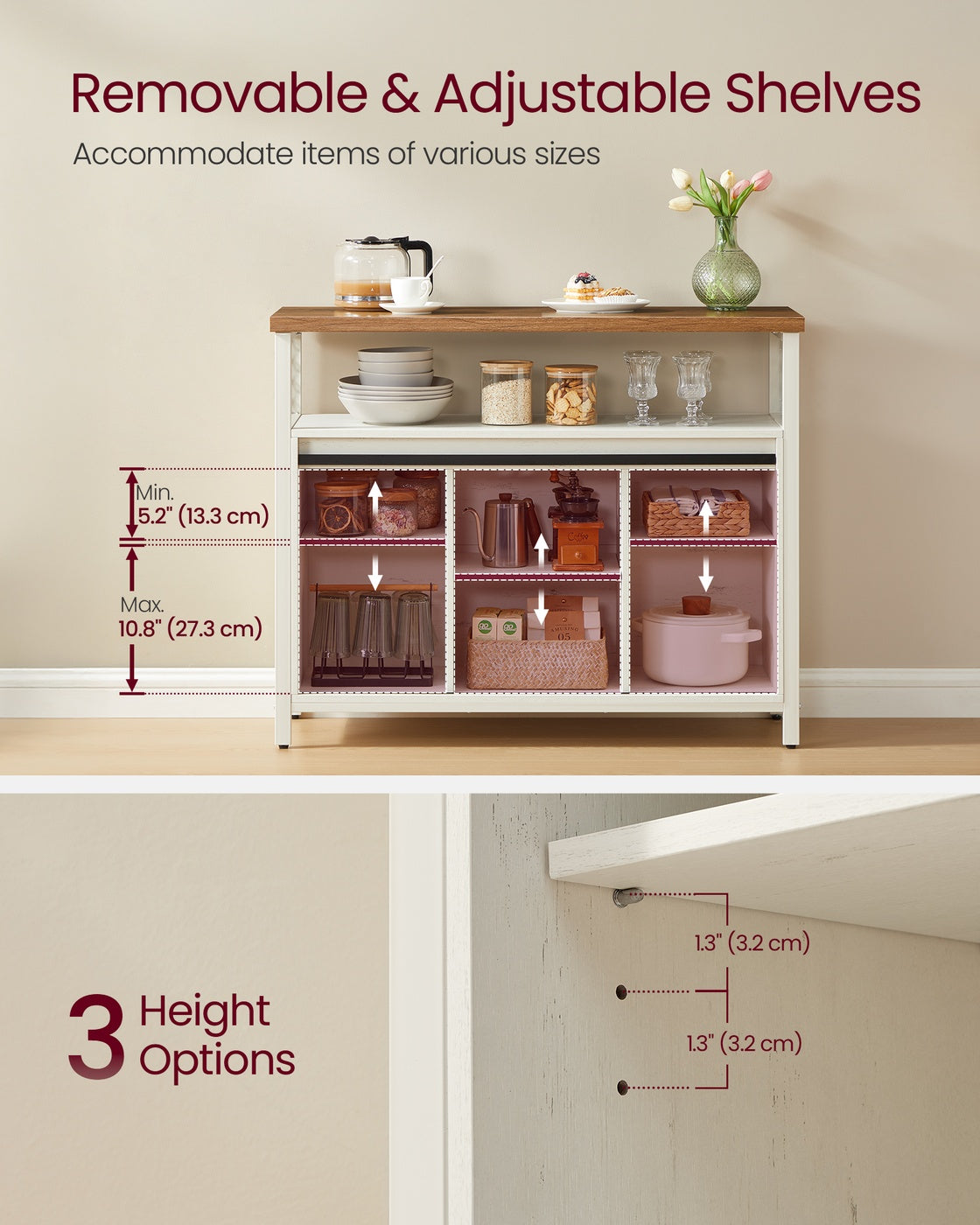 VASAGLE Buffet Cabinet, Coffee Bar Storage Cabinet – Rustic White, Honey Brown