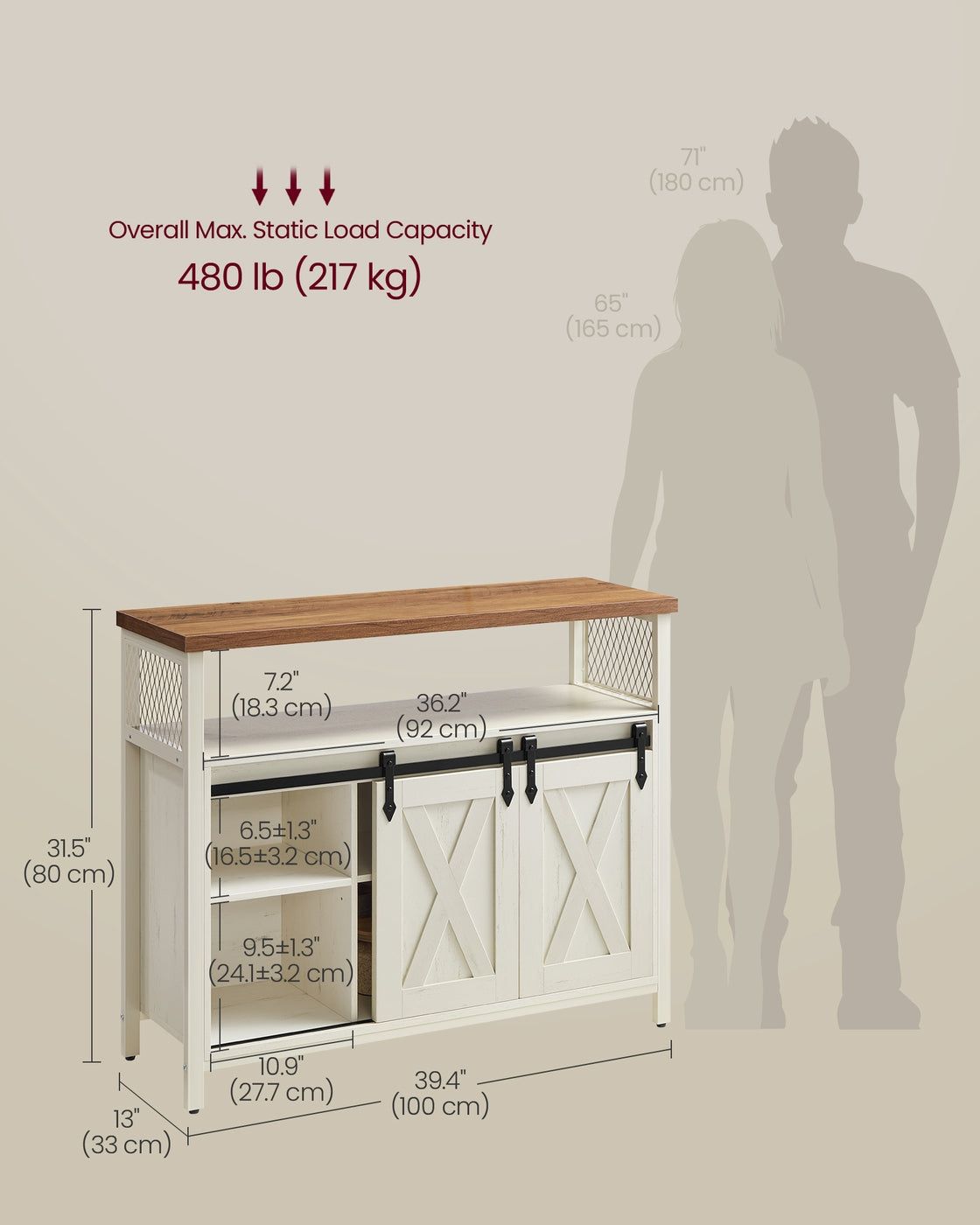 VASAGLE Buffet Cabinet, Coffee Bar Storage Cabinet – Rustic White, Honey Brown