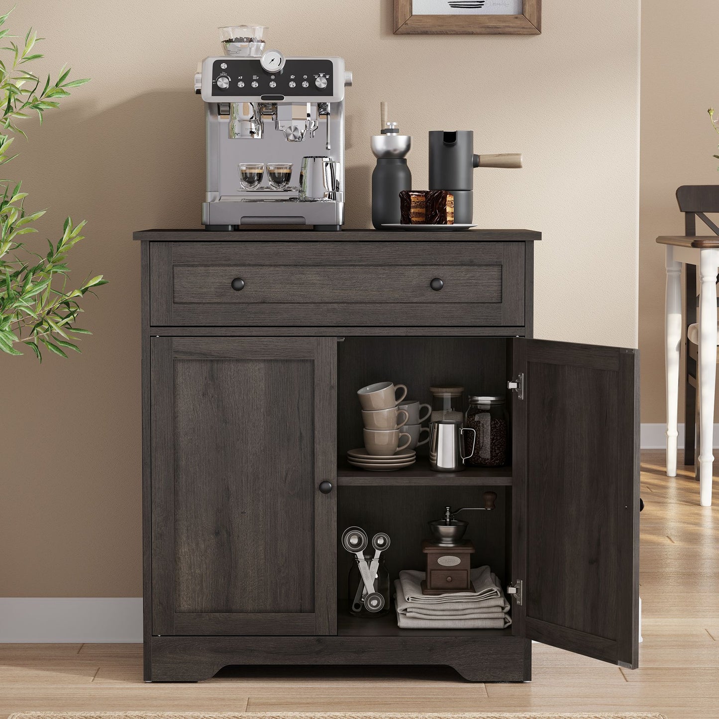 VASAGLE Farmhouse Coffee Bar Cabinet with Drawer and Adjustable Shelves – Taupe Brown