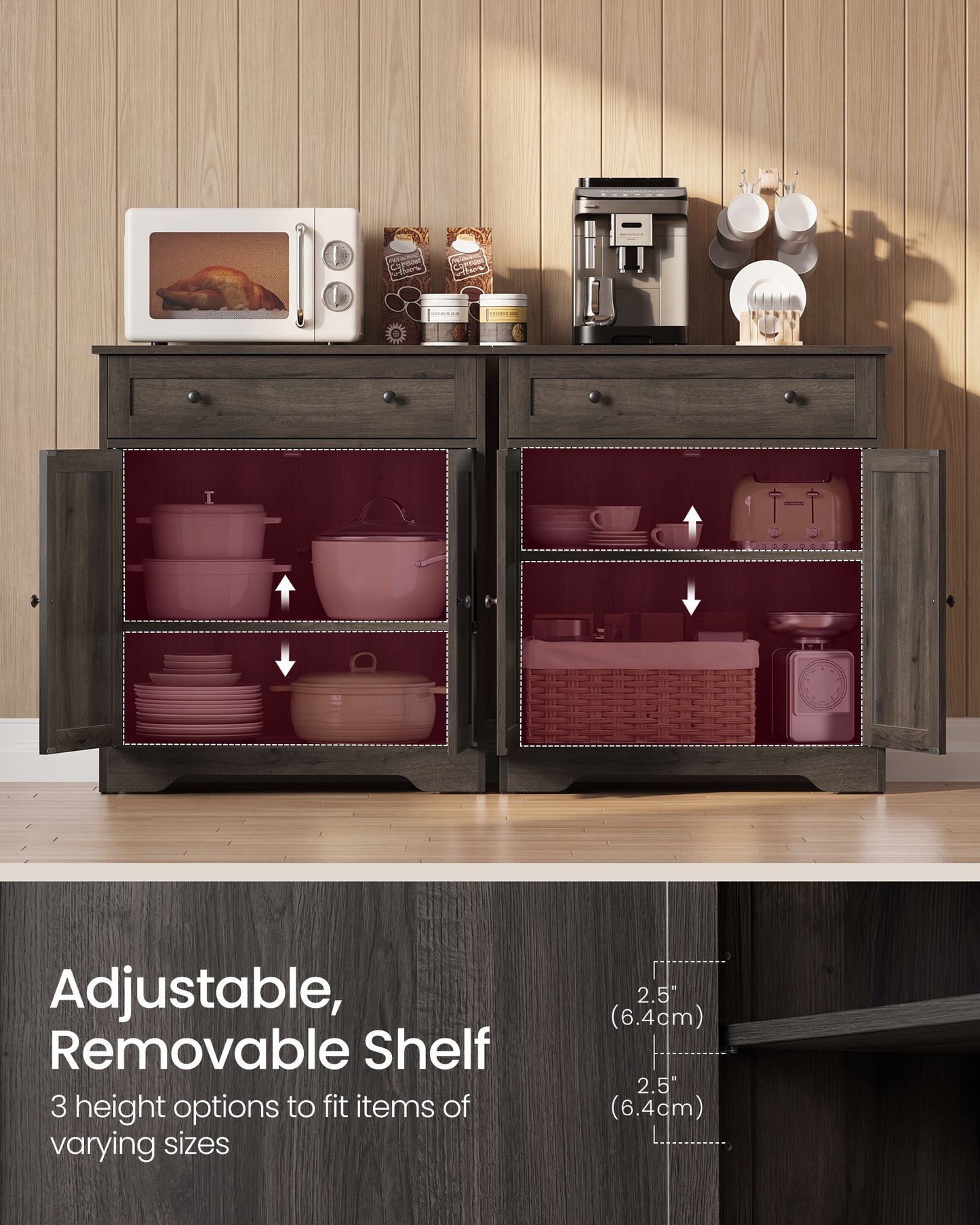 VASAGLE Farmhouse Coffee Bar Cabinet with Drawer and Adjustable Shelves – Taupe Brown