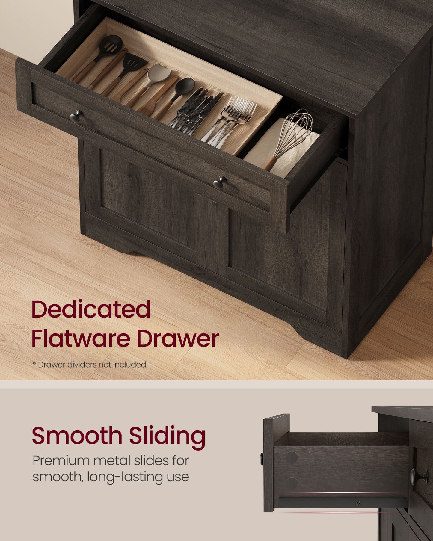 VASAGLE Farmhouse Coffee Bar Cabinet with Drawer and Adjustable Shelves – Taupe Brown