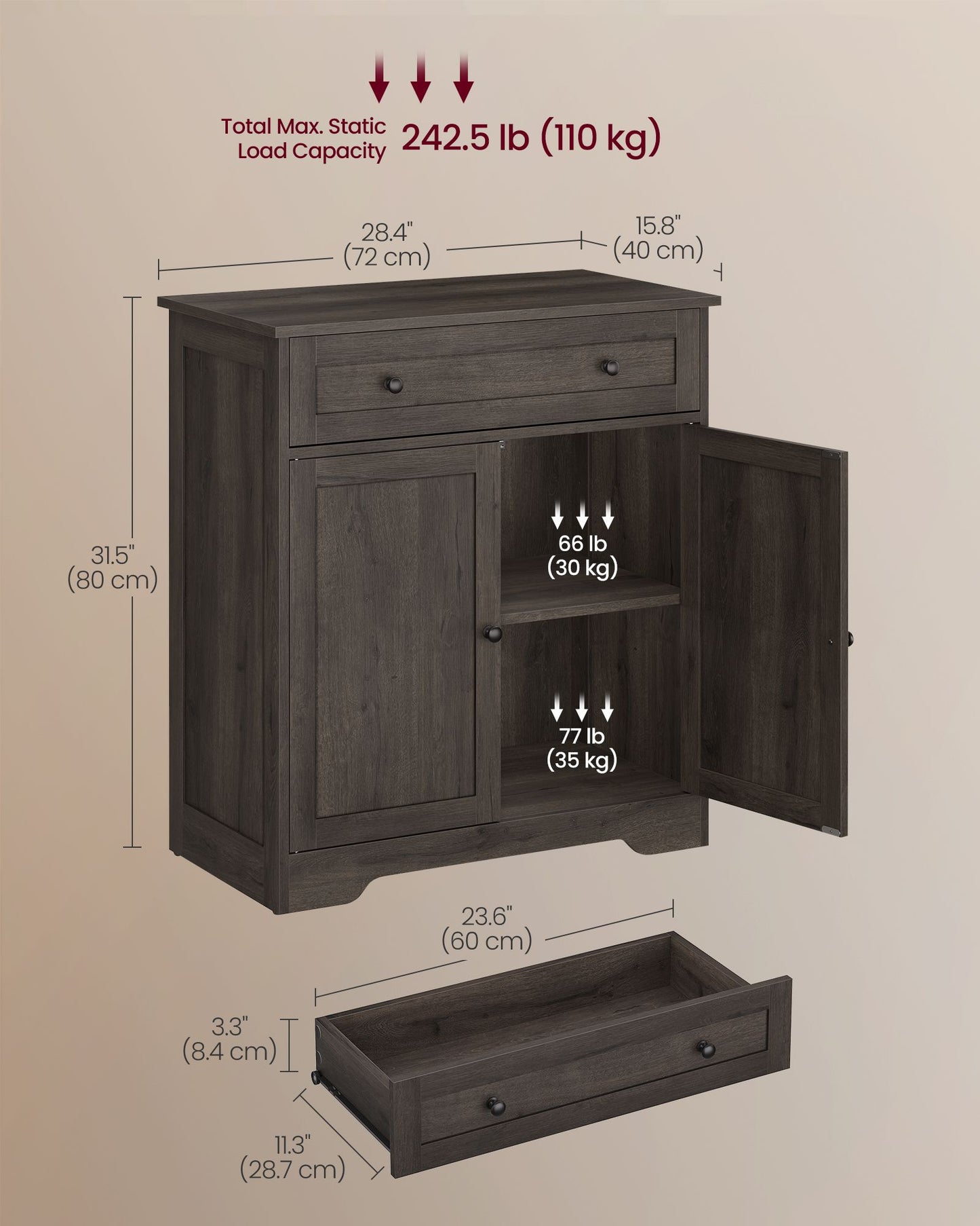 VASAGLE Farmhouse Coffee Bar Cabinet with Drawer and Adjustable Shelves – Taupe Brown