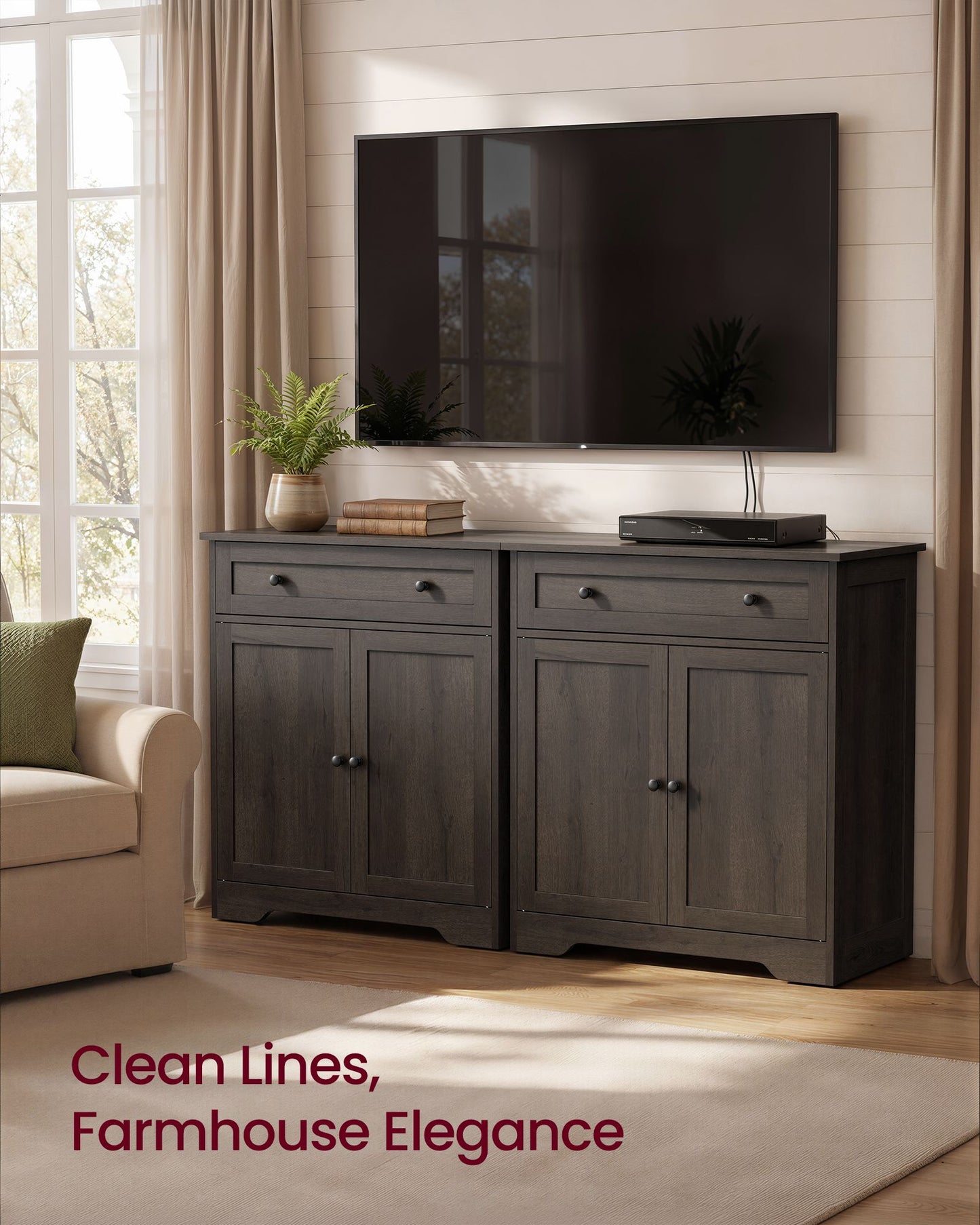VASAGLE Farmhouse Coffee Bar Cabinet with Drawer and Adjustable Shelves – Taupe Brown