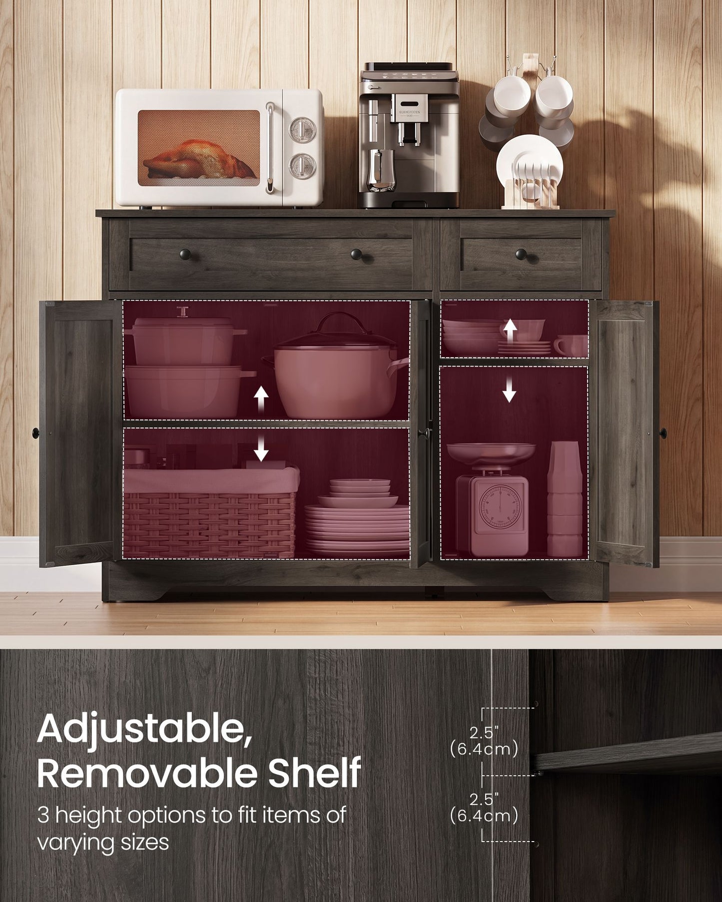 VASAGLE Three Door Sideboard with Two Drawers and Shelves – Taupe Brown