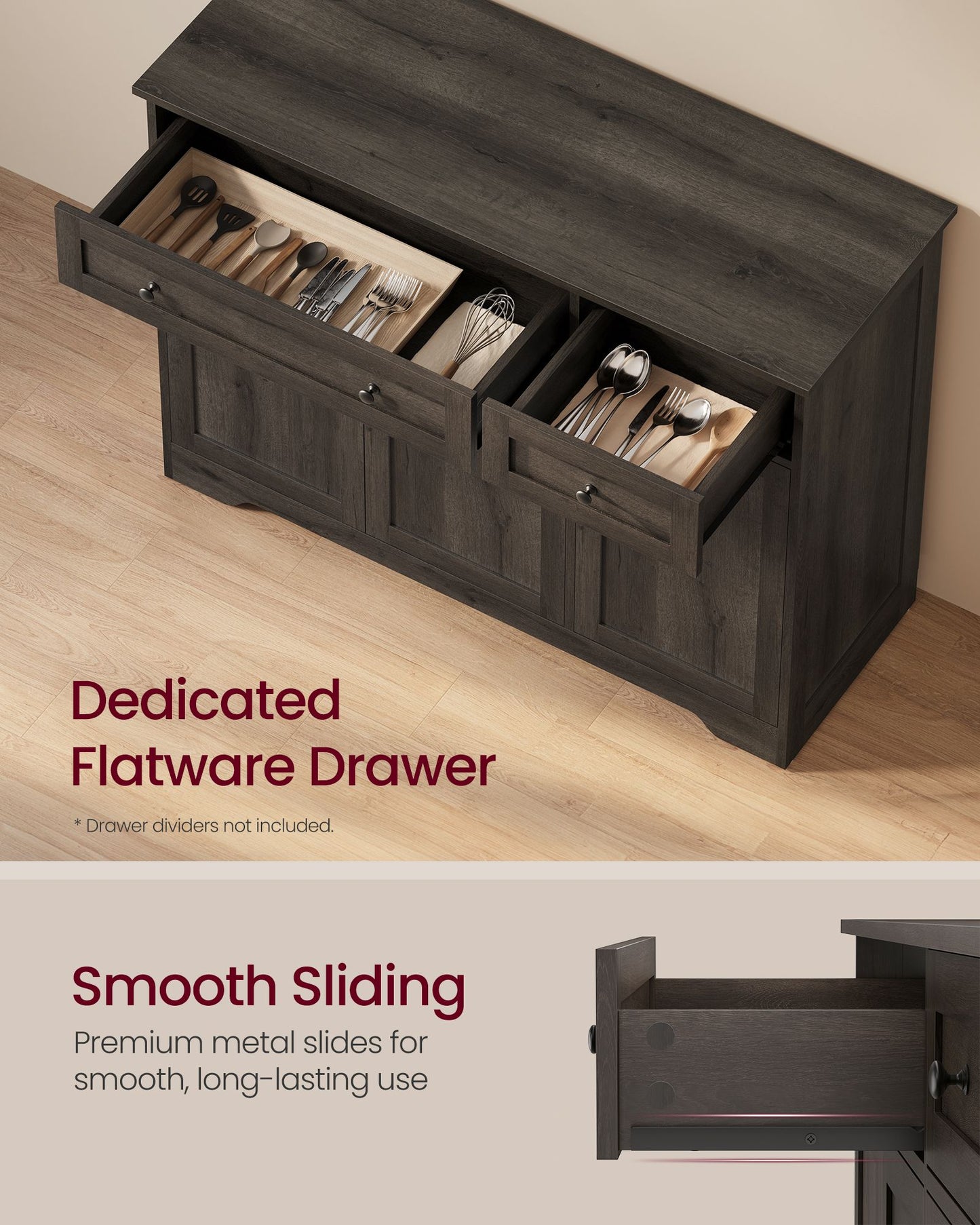 VASAGLE Three Door Sideboard with Two Drawers and Shelves – Taupe Brown