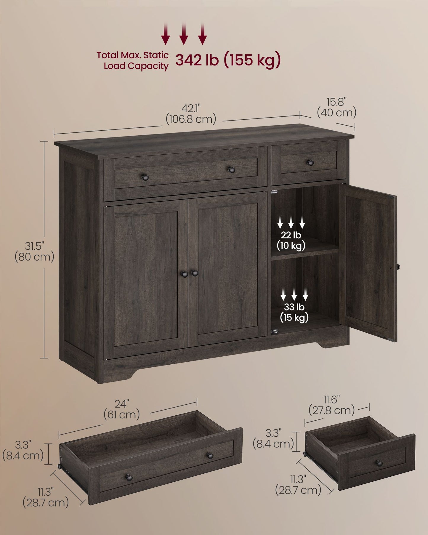 VASAGLE Three Door Sideboard with Two Drawers and Shelves – Taupe Brown