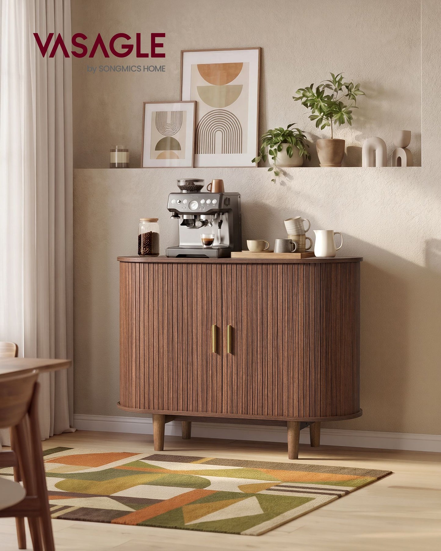 VASAGLE Mid Century Buffet Cabinet with Adjustable Shelves – Walnut