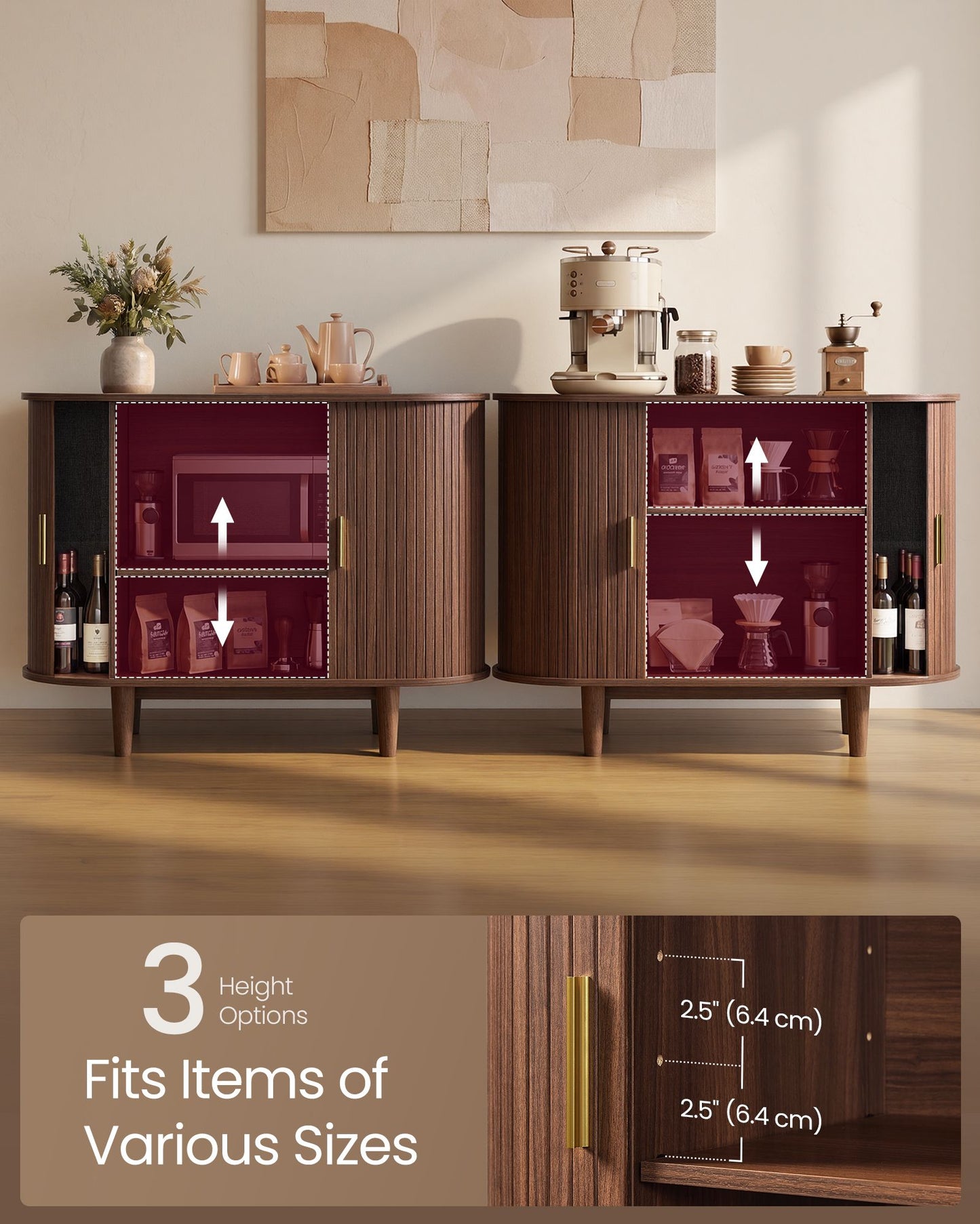 VASAGLE Mid Century Buffet Cabinet with Adjustable Shelves – Walnut
