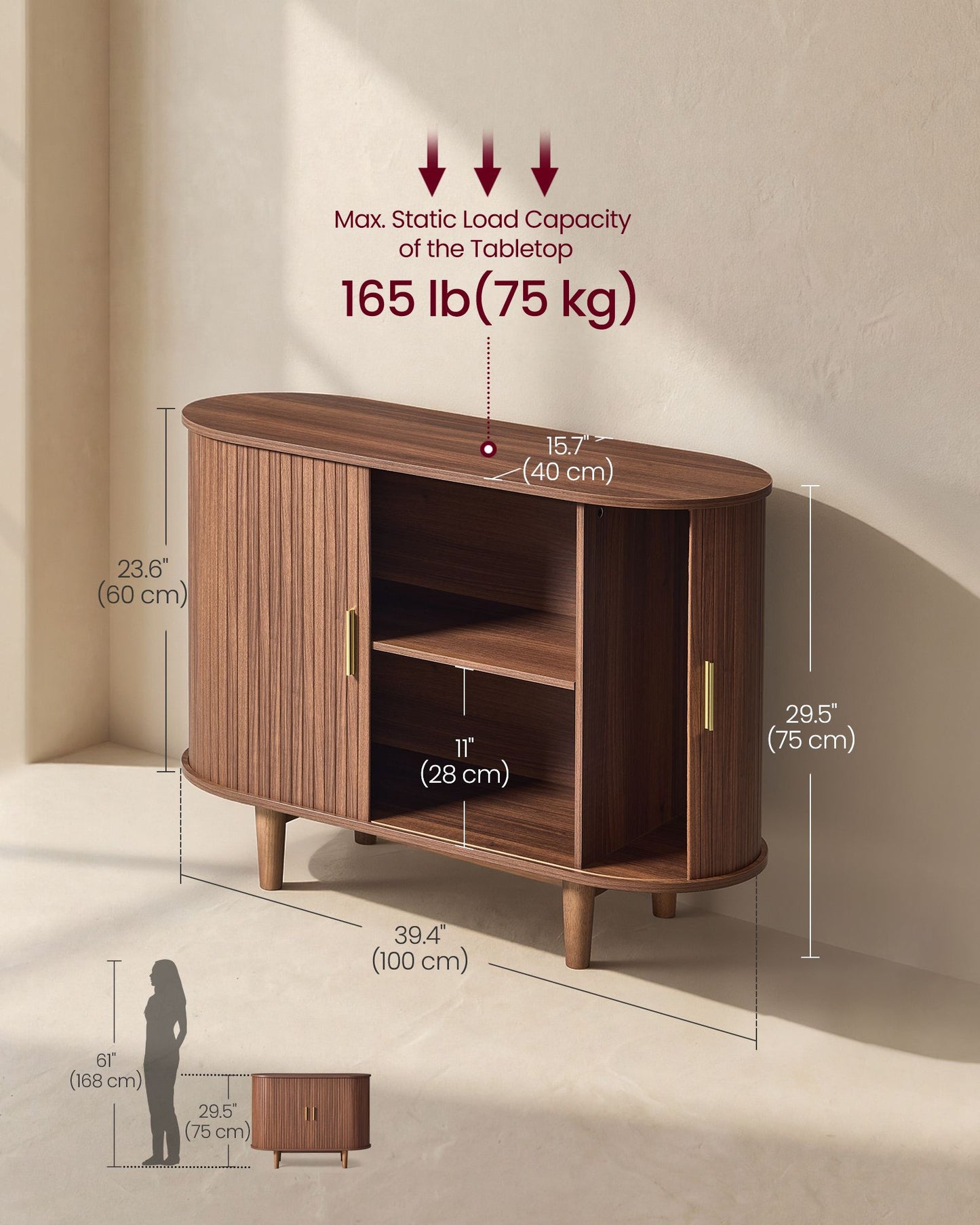 VASAGLE Mid Century Buffet Cabinet with Adjustable Shelves – Walnut