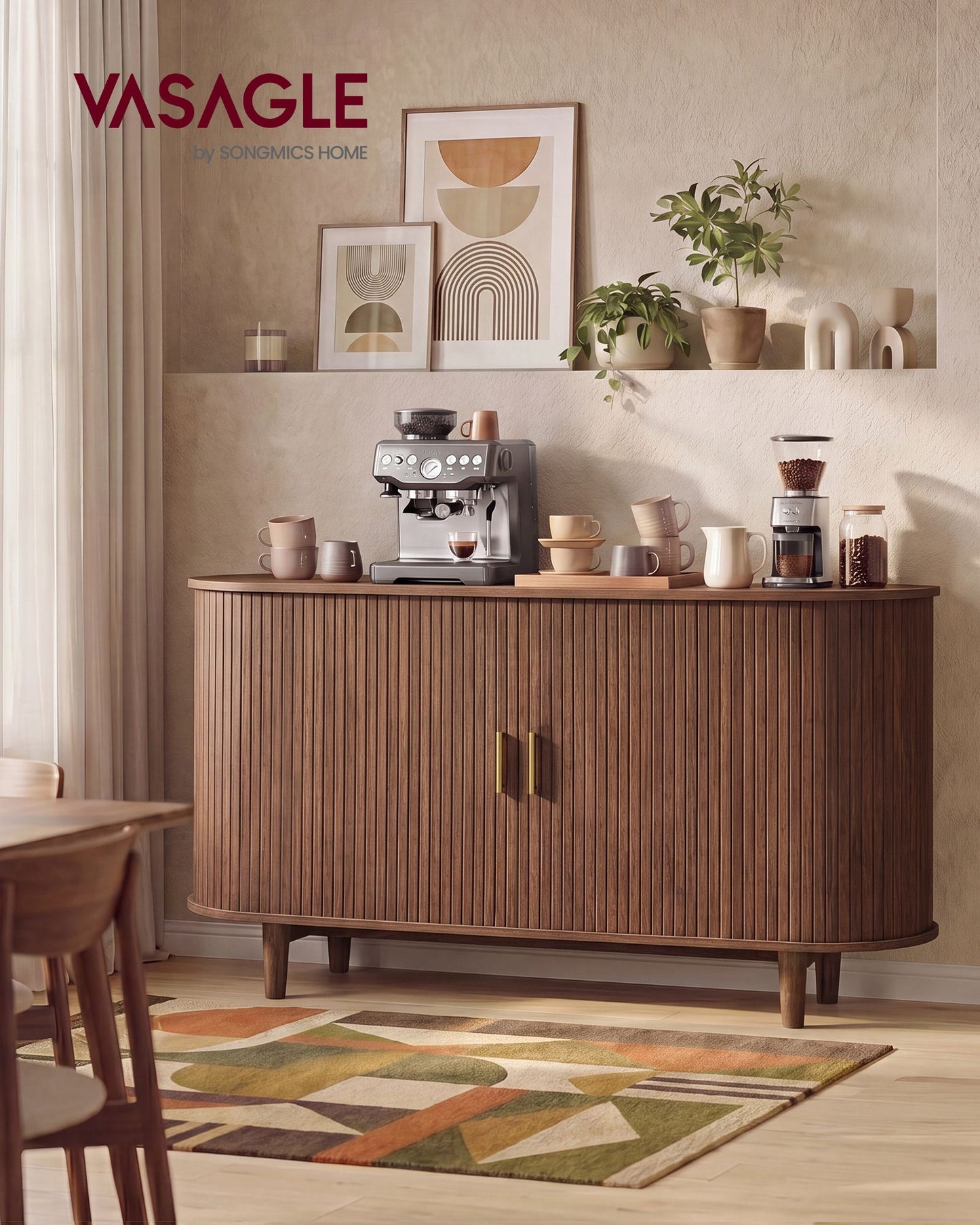 VASAGLE Mid Century Modern Sideboard with Adjustable Shelves – Walnut