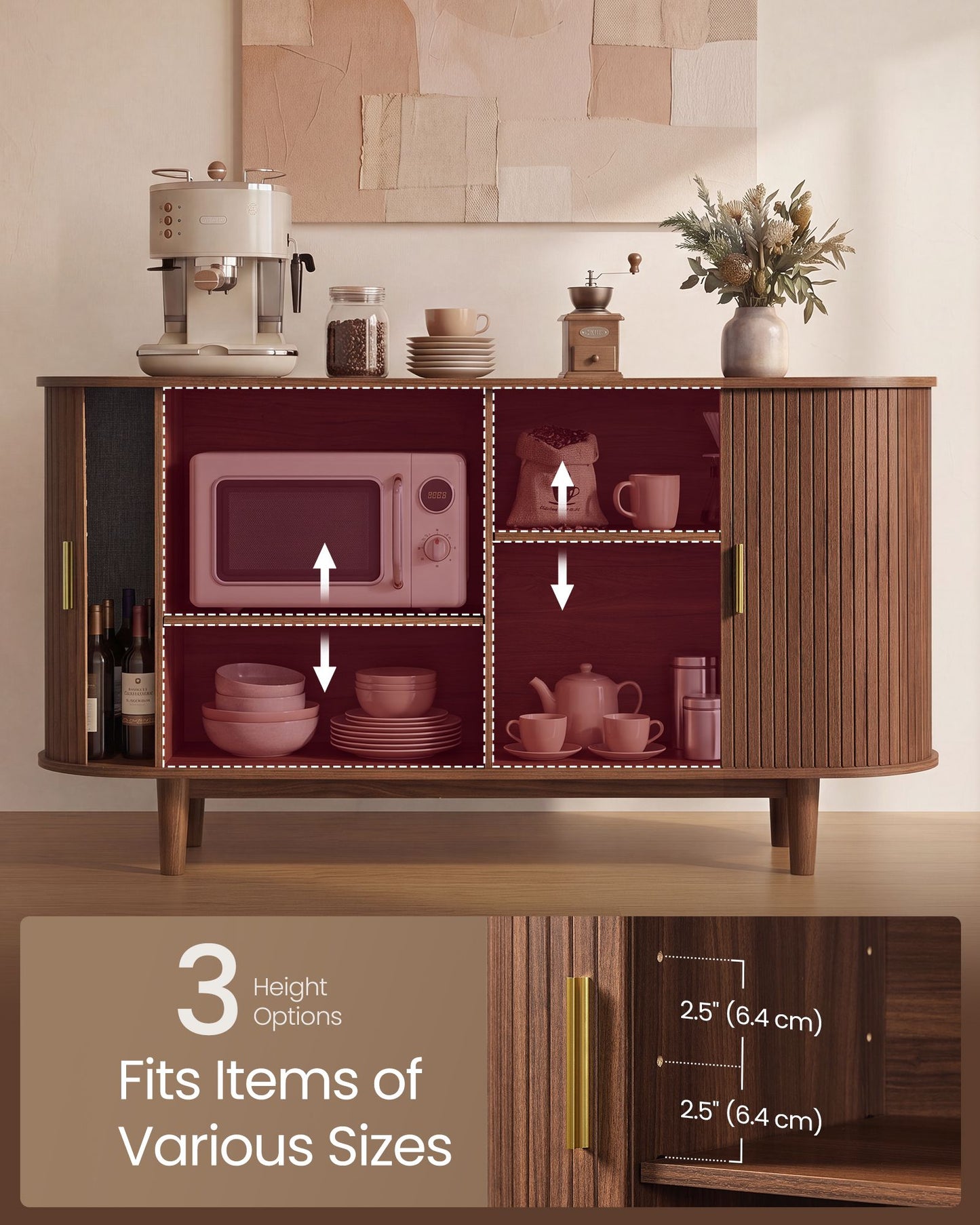 VASAGLE Mid Century Modern Sideboard with Adjustable Shelves – Walnut