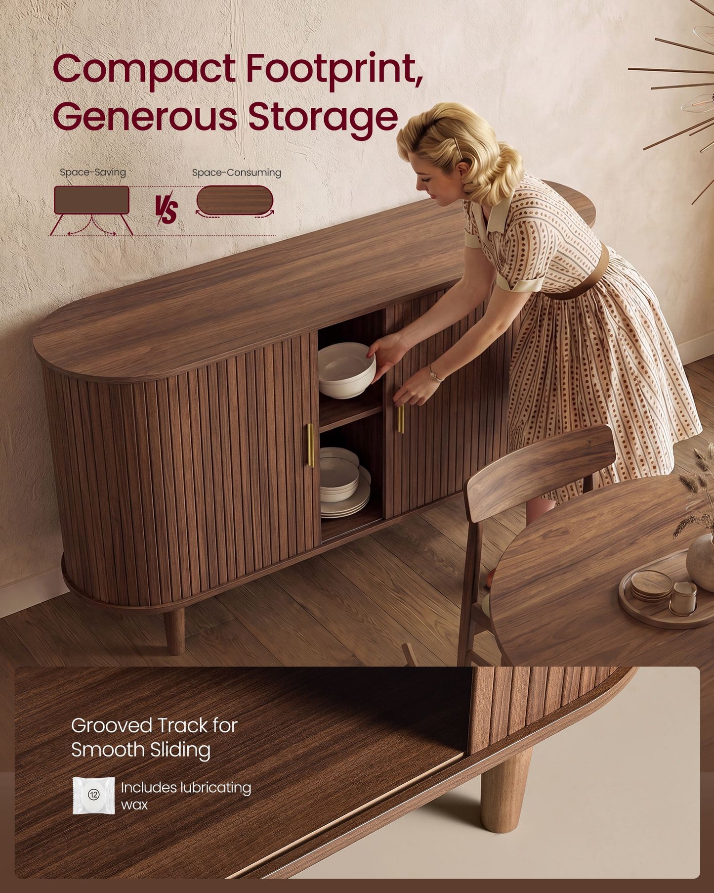 VASAGLE Mid Century Modern Sideboard with Adjustable Shelves – Walnut