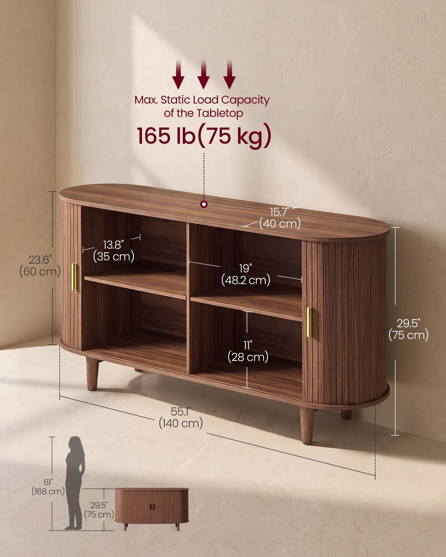 VASAGLE Mid Century Modern Sideboard with Adjustable Shelves – Walnut